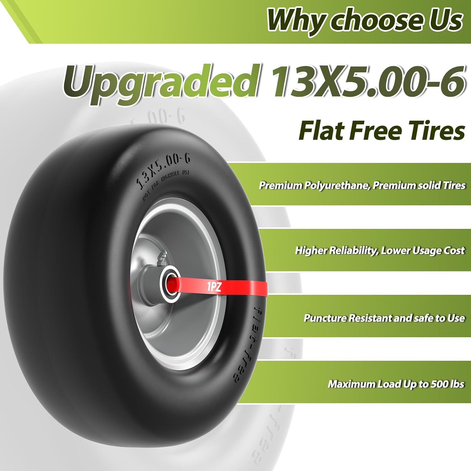 1PZ ZTM-15T 13x5.00-6 Flat Free Lawn Mower Tire and Wheel 13x5x6 Solid Front Tires for Zero Turn Mower 500Lbs Load 3/4" 5/8" and 1/2" Bearings 4.33"-6.73" Hub for Residential Commercial