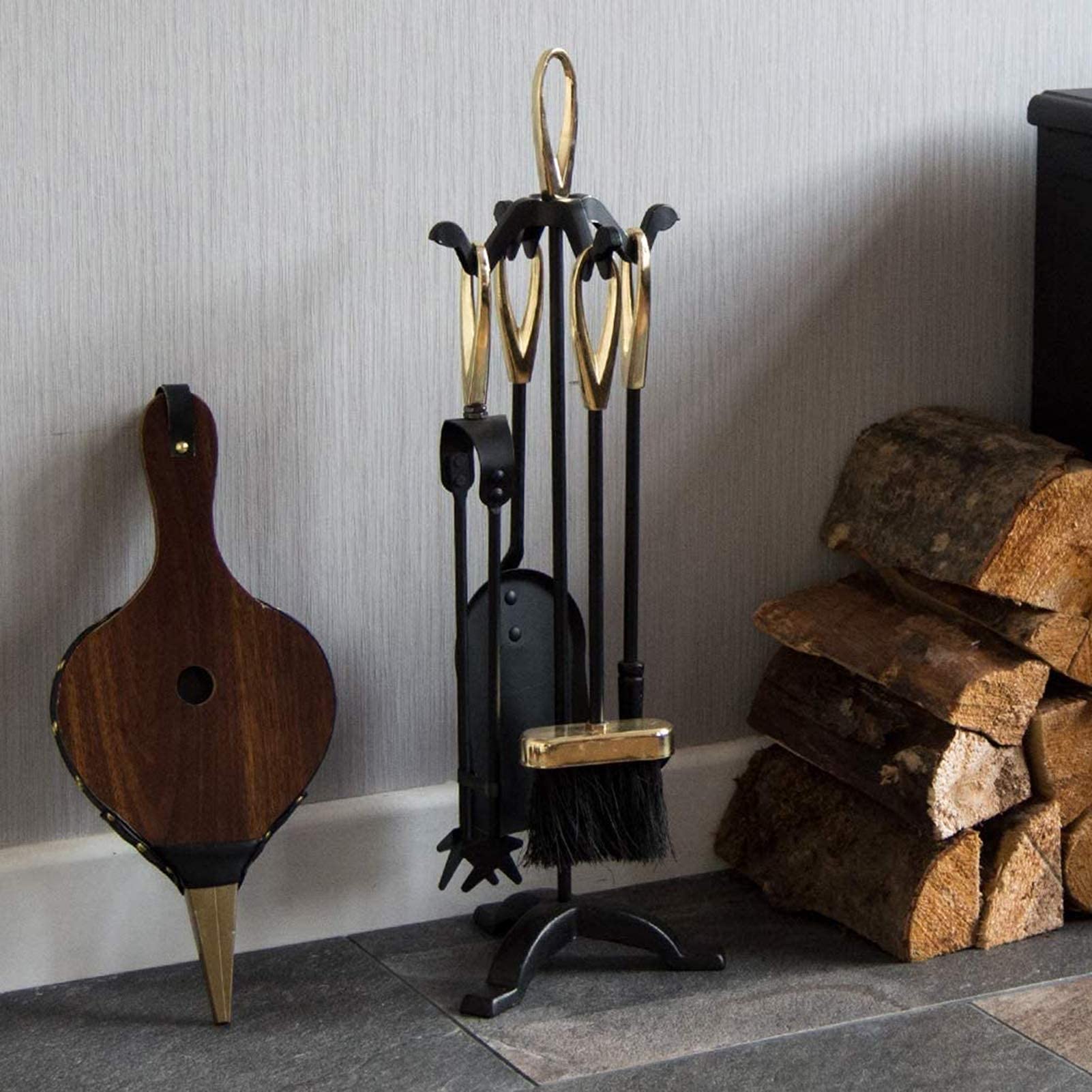 5-teiliges Feuerwerkzeug-Set, Schmiedeeiserner Kamin-Besitzer, Schürhaken, Schaufel und Zange, 64 cm Höhe