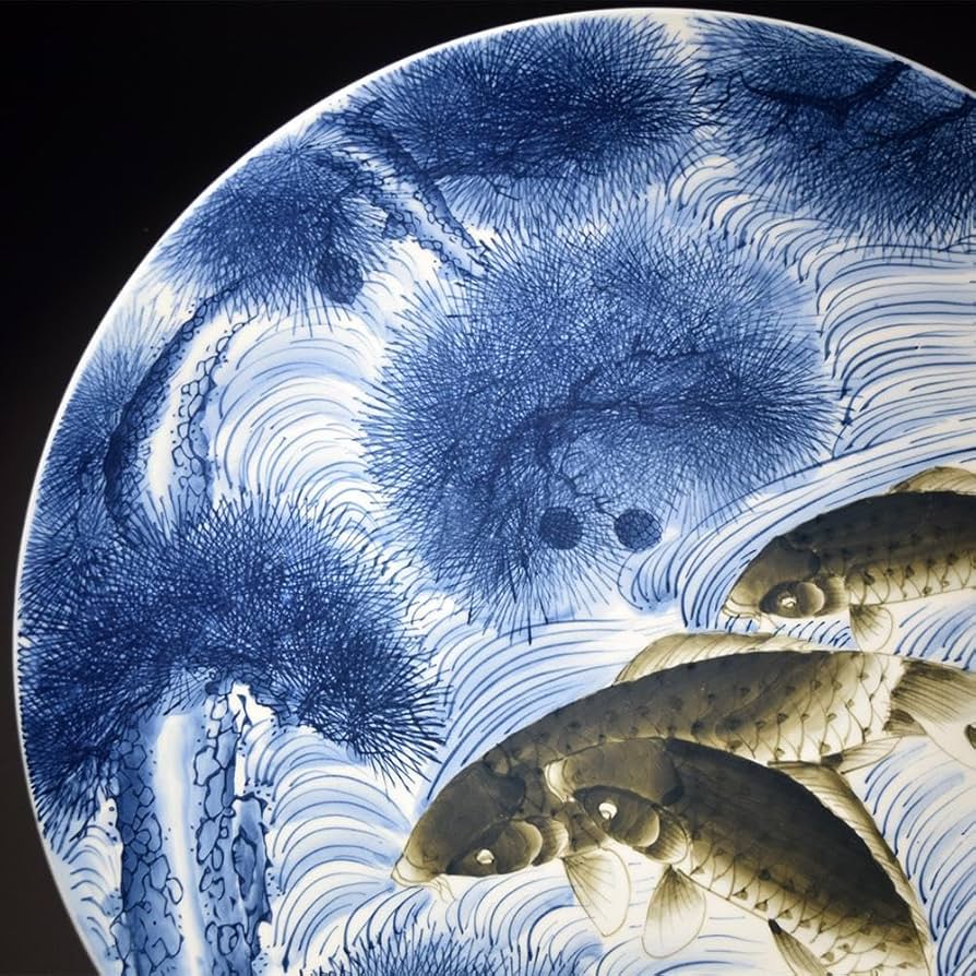 有田焼 間取鯉鶴山水　尺8大皿　 忠峰作　2尺皿　大きな飾り皿　皿立て　額立て付 有田焼 間取鯉鶴山水 尺8大皿 忠峰作 2尺皿 大きな