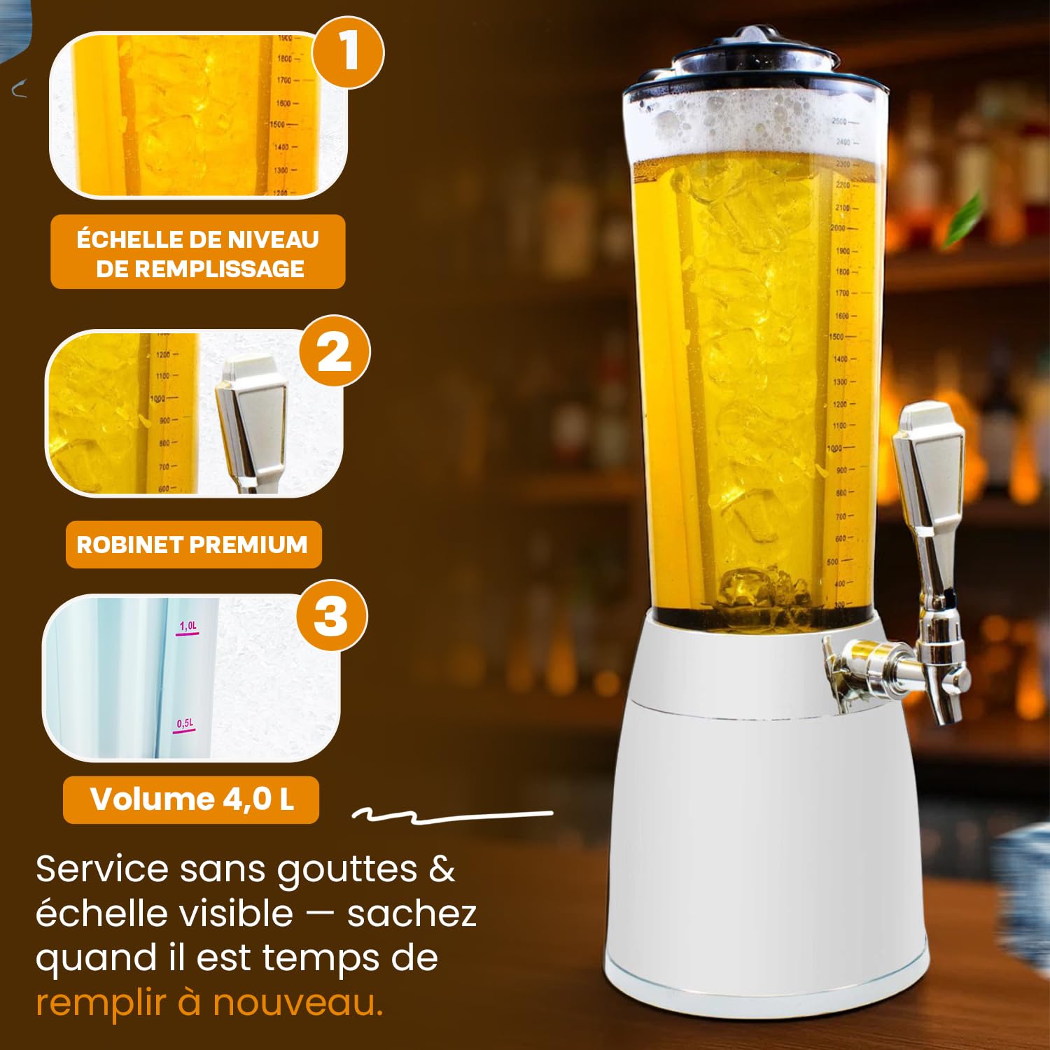 Pompe à bière Girafe 4 litres avec distributeur et système de refroidissement 1,3 L Blanc