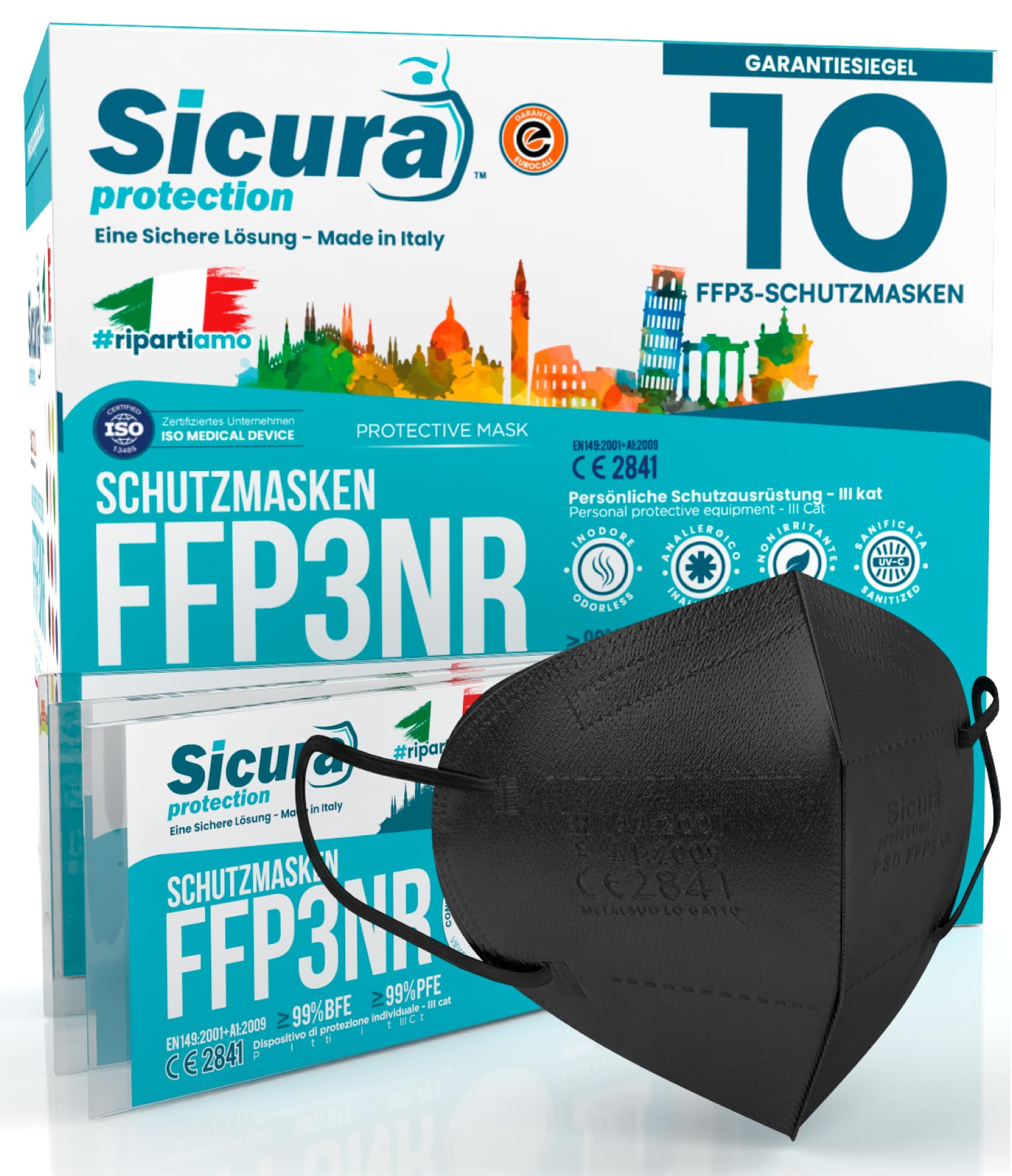 10x CE-zertifizierte FFP3-Masken Schwarz Made in Italy mit aufgedrucktem SICURA-Logo PFE ≥99% | BFE ≥99% SANIFIZIERT und einzeln versiegelt