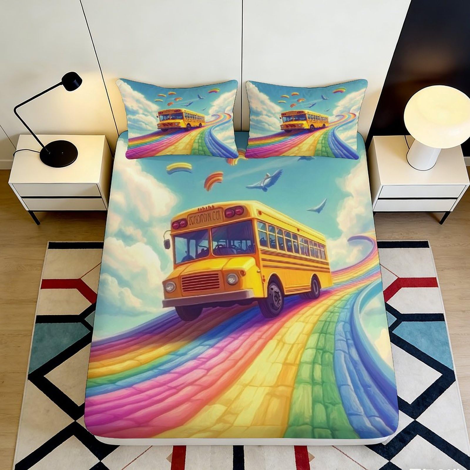 Dhbaneiok Style-7 3D Printed School Bus Rainbow Fitted Sheet Microfiber Vibrant Bed Cover For Bedroom Dorm Mattress Decor 90X200x25cm