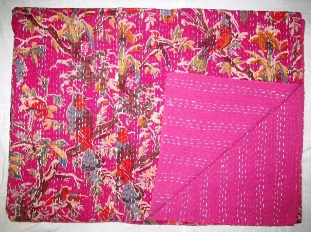 Indian Handmade King Bird Bohemain Bedding Kantha Vintage Ethnic Cotton Bird Kantha Quilt Coverlet Bedspread Patchwork Stitch Blanket Queen Size Kantha Quilt