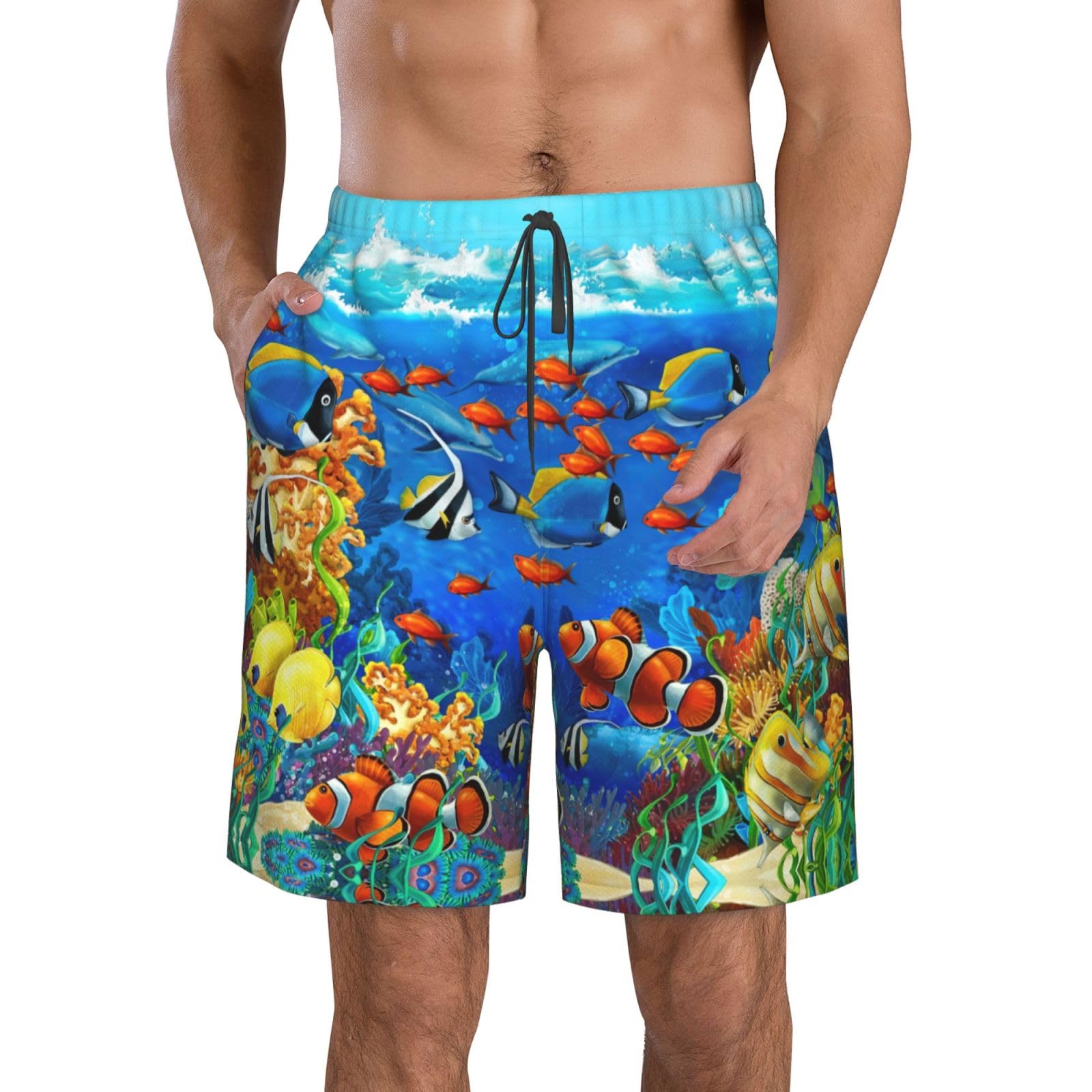 Ttydokla Men's White Ocean Tropical Fish Coral Undersea World Print Swim Trunks,Comfortable Beach Shorts For ,For Swimming,Surfing And Everyday Wear