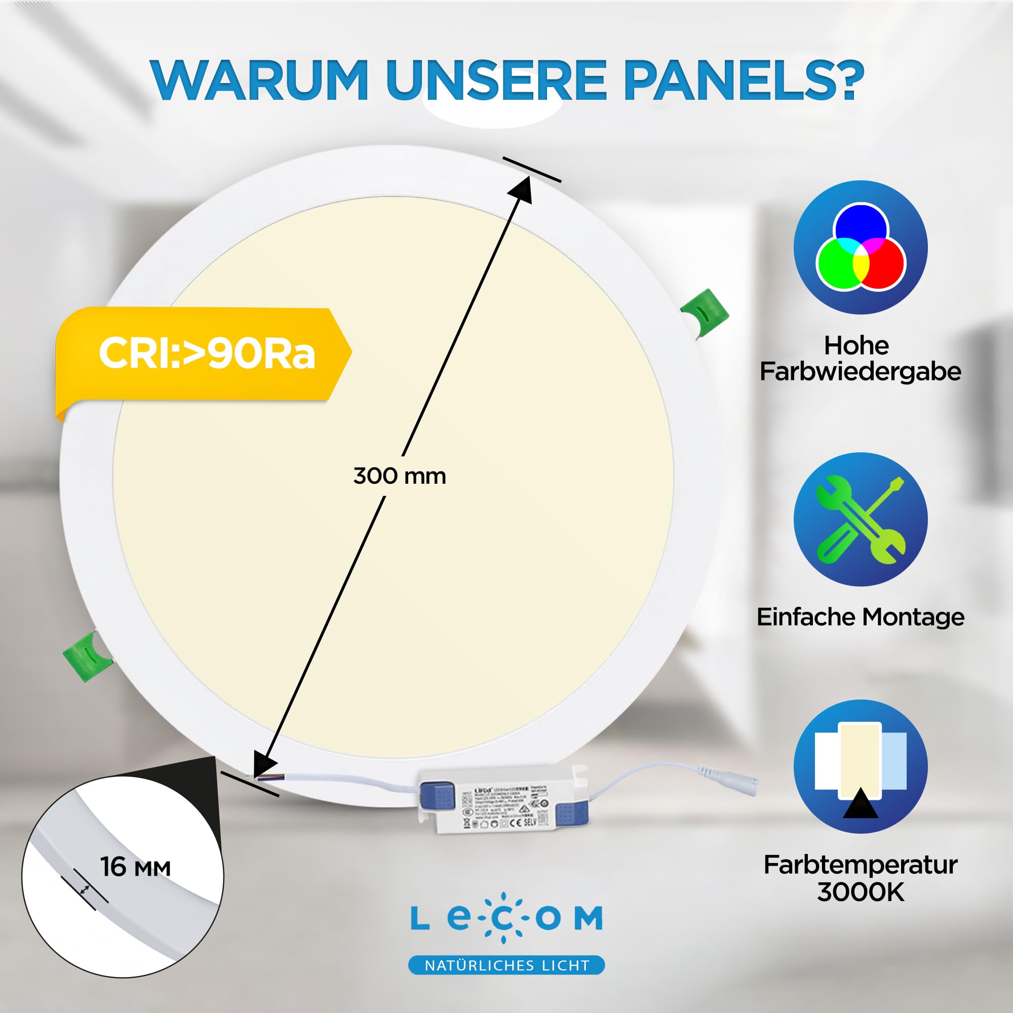 LECOM 10x LED Einbaustrahler Rund 24W Warmweiß CRI90 300mm Durchmesser | LED Deckenstrahler für gemütliche Atmosphäre und hohe Farbtreue in Wohnzimmer, Schlafzimmer sowie Café, Lounge, Restaurant.
