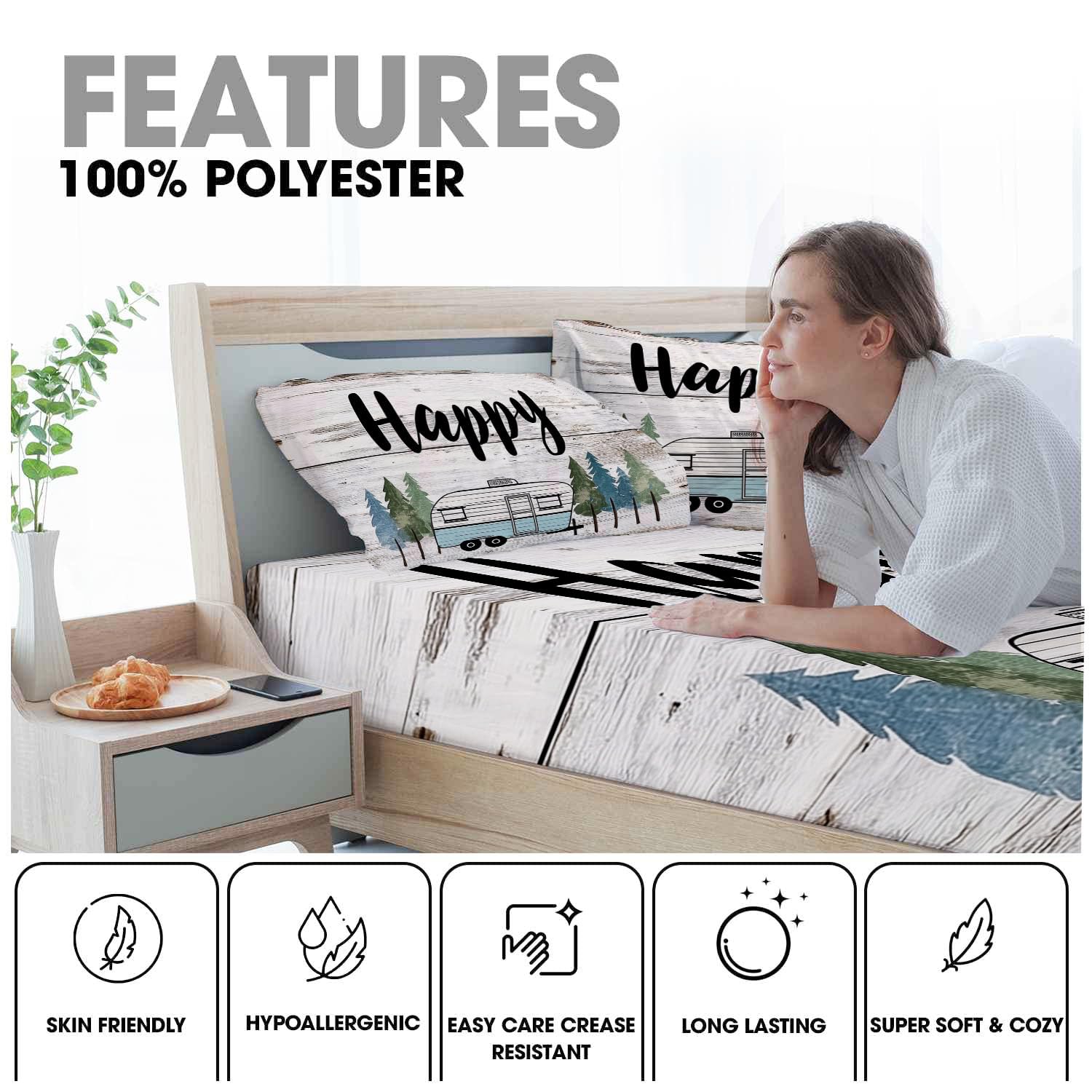Bajera Ajustable Cama 200, Microfibra Poliéster Suave, Árboles para Caravanas Sábana Encimera Estampada Vintage, Bajera para Colchón 30cm, Fundas Almohada 50x75cm, Blanquecino