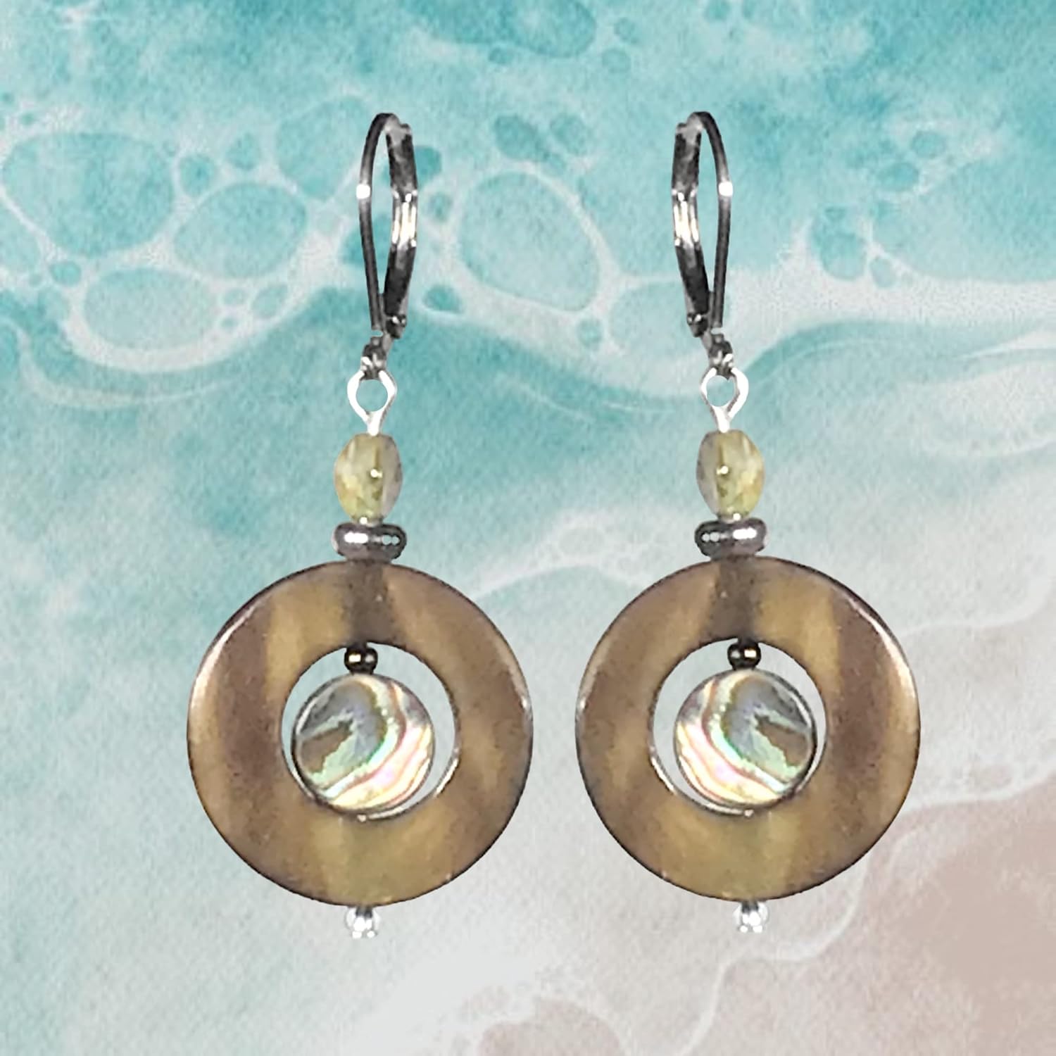 CariCat Designs Handmade Tiger's Eye with Inset Abalone Shell and Czech Glass Beaded Earrings - French Wire Lever Backs