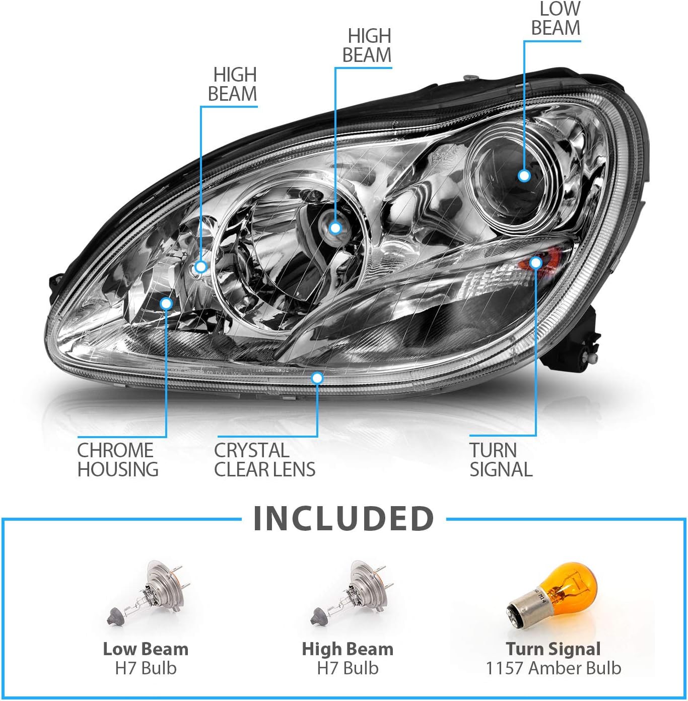 AmeriLite Clear Projector Chrome Replacement Headlights Set For 2000-2005 Mercedes-Benz S-Class W220 - Passenger and Driver Side