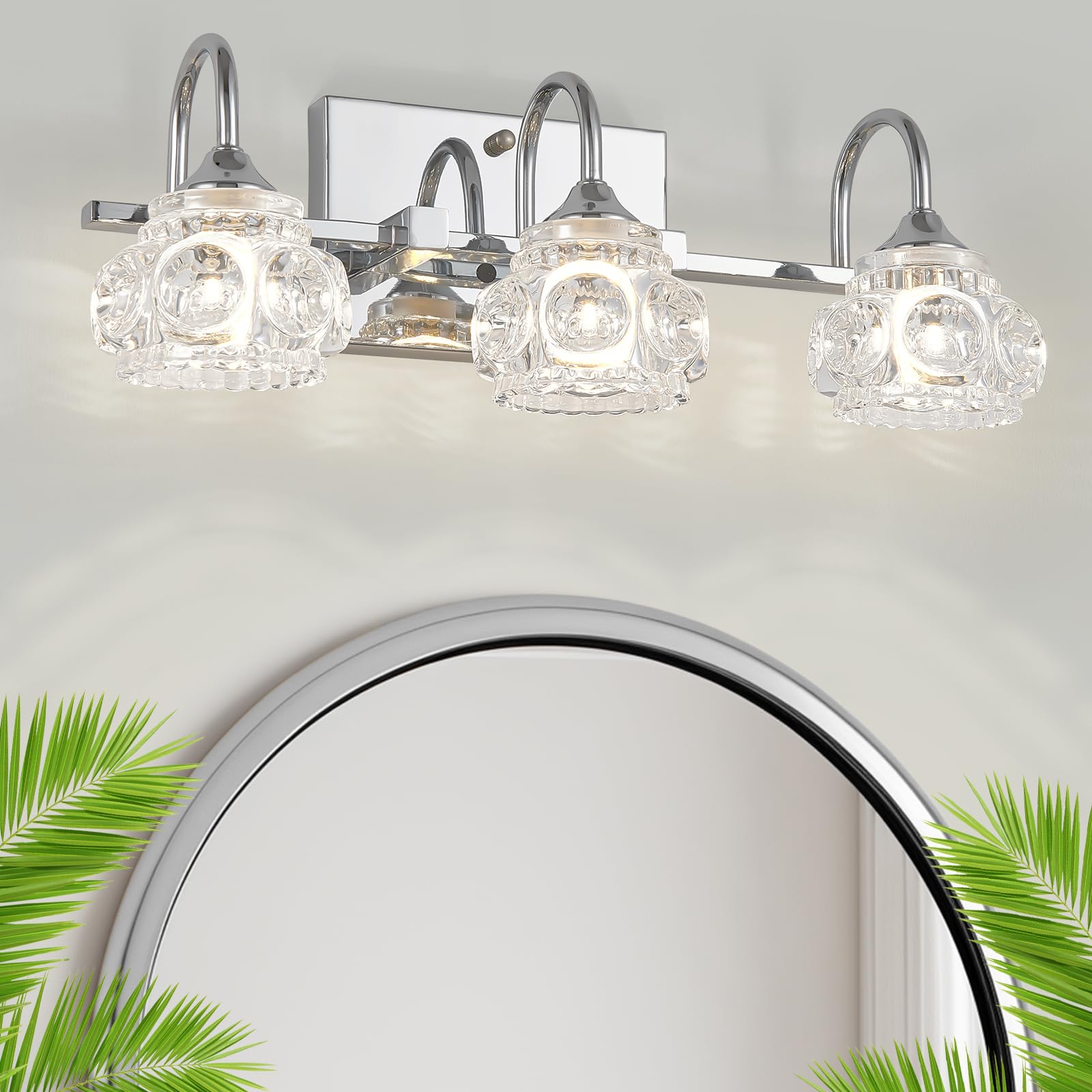 DIKAIDA 3-Light Polished Chrome Vanity Lights for Bathroom,Nickel Modern Vanity Lights with Crystal Glass Shade, Over Mirror Modern Wall Lights for Kitchen Dinning Room Bedroom Balcony Hallway