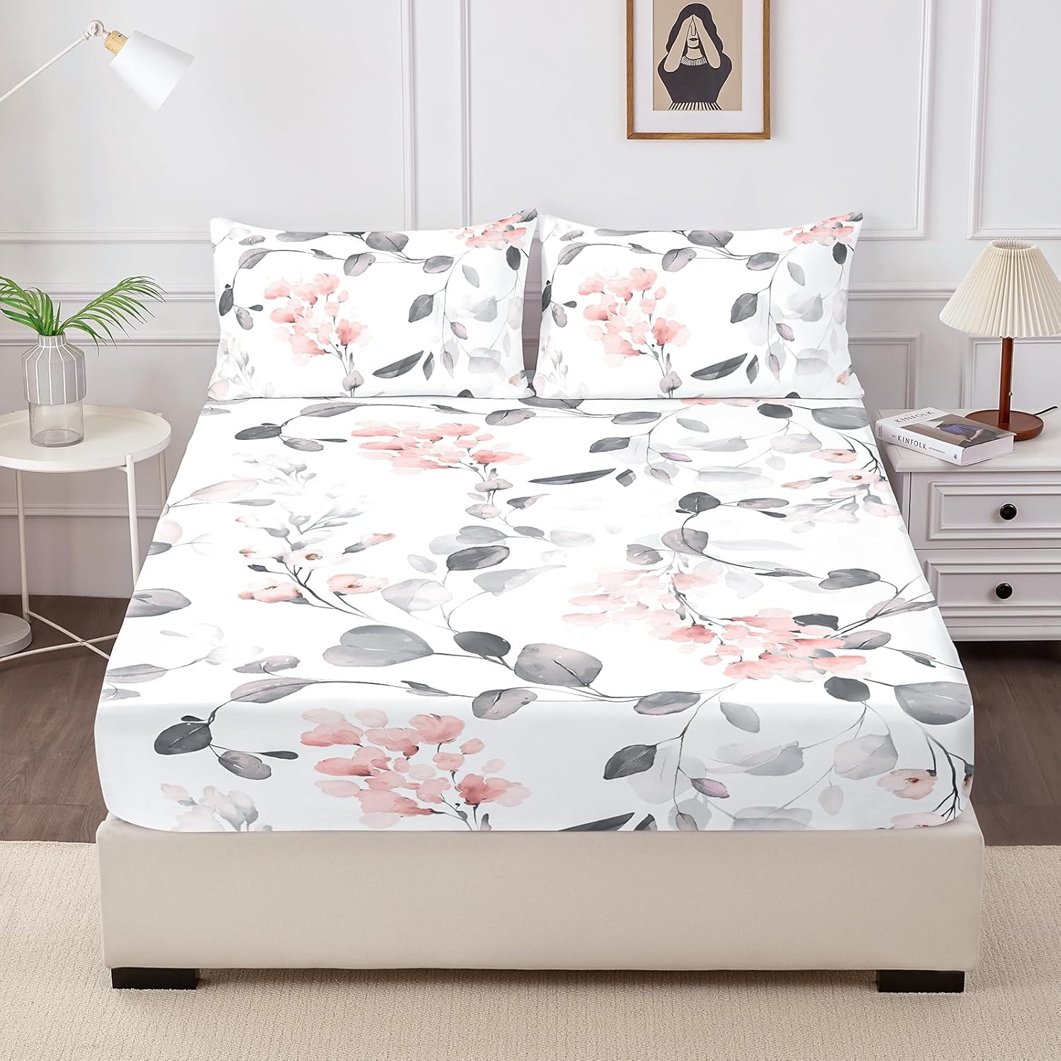 Floral Fitted Sheet with Pillow Cases, 100% Brushed Microfibre Deep Pocket Fitted Bottom Sheet, Ultra Soft, Shrinkage and Fade Resistant, Queen Size