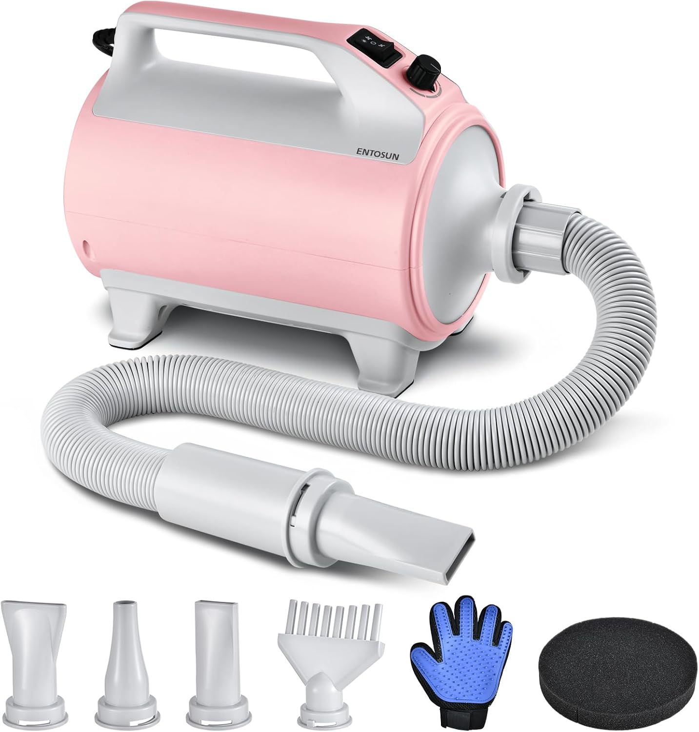 Entosun Dog Dryer, Pet Hair Dryer, 4.3hp/2800W Adjustable Speed and Temperature, High Velocity Dryer, Dog Blower Grooming Dryer with 4 Nozzles and Grooming Gloves (Pink) Entosun Dog Dryer, Pet Hair Dryer, 4.3hp/2800W Adjustable Speed and Temperature, High Velocity Dryer, Dog Blower Grooming Dryer with 4 Nozzles and Grooming Gloves (Pink)