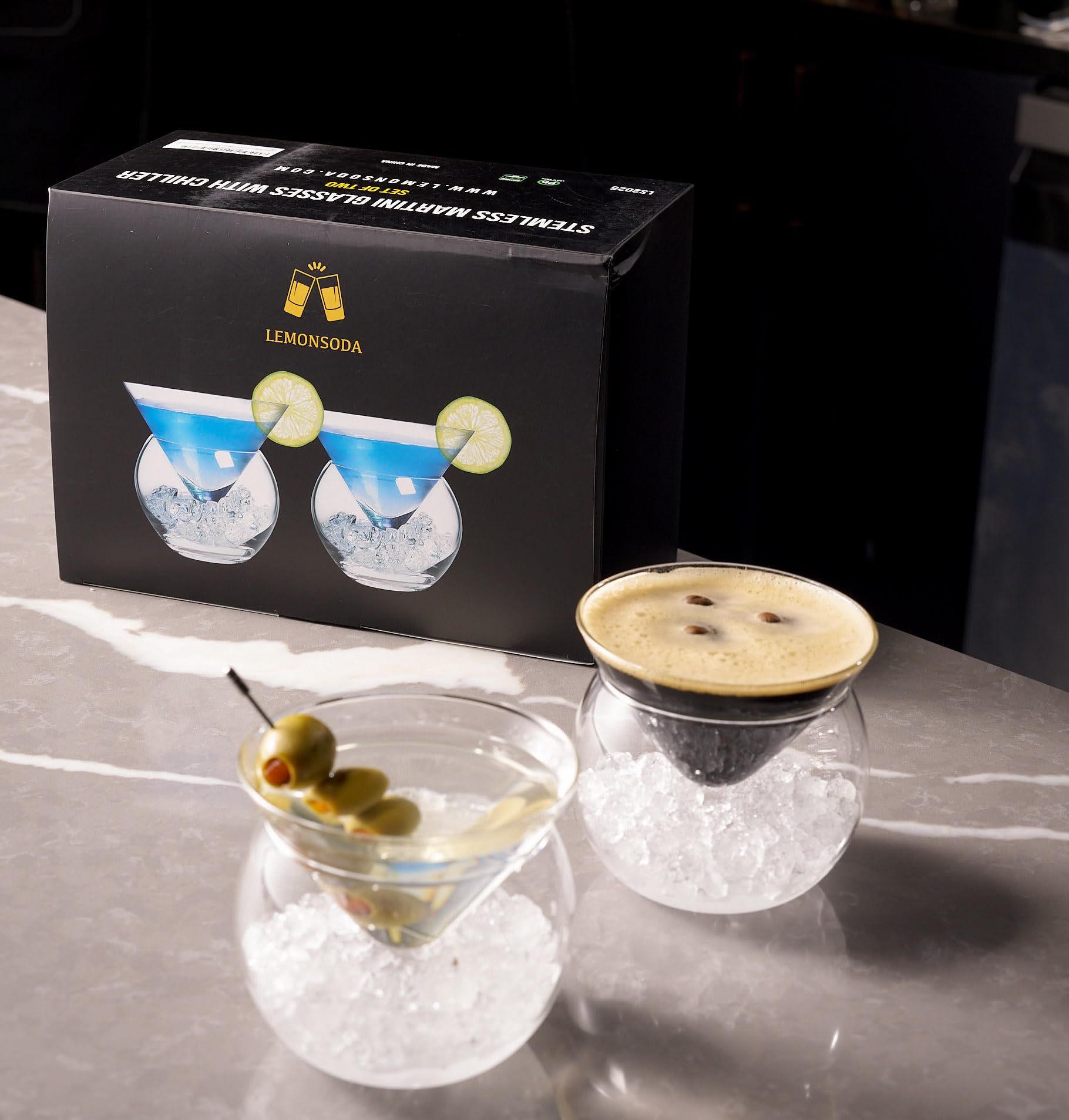 LEMONSODA Stemless Martini Glasses with Chiller - Elegant Cocktail Glass Set with Caviar Server Bowl - Beautiful Bar Martini Gift Set for Margarita, Cosmopolitan, Manhattan Cocktails (Set of 2)