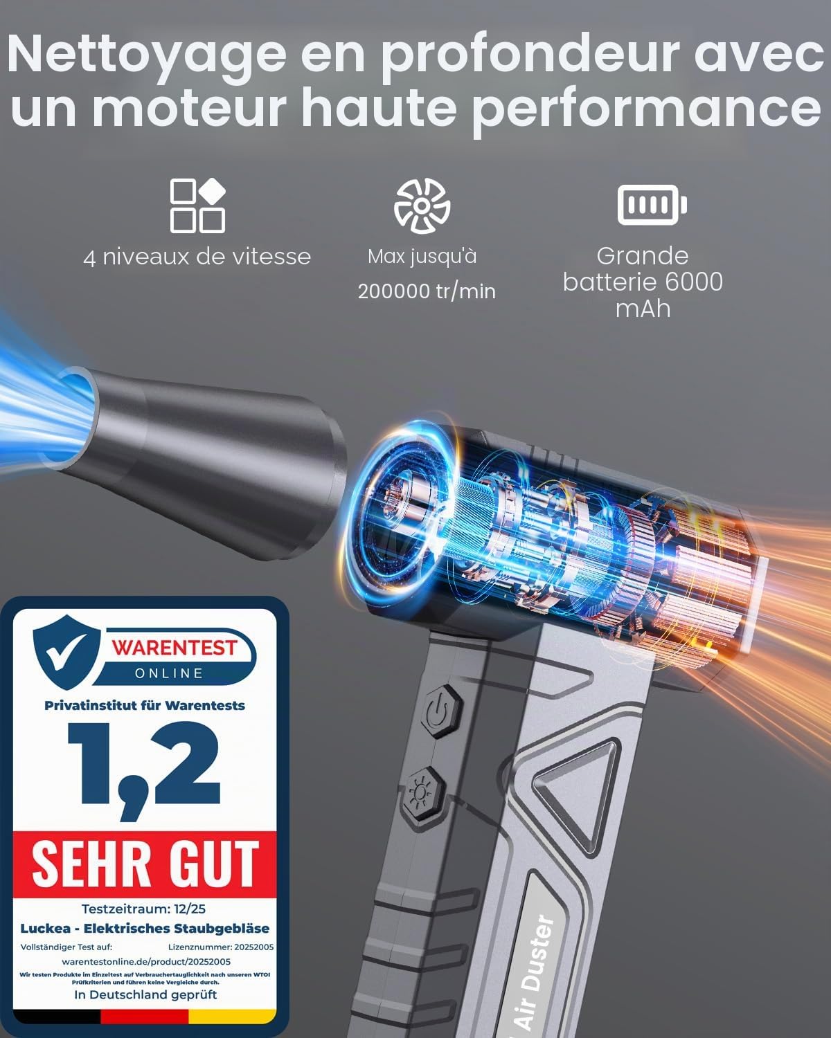 Souffleur Air Comprimé 4 Vitesses Souffleur PC - Air Duster 200000 RPM avec Lumière LED, Mini Souffleur Voiture 6000 mAh, Air Comprimé Bombe Air Sec Nettoyage PC Clavier Électronique, W18, Argenté