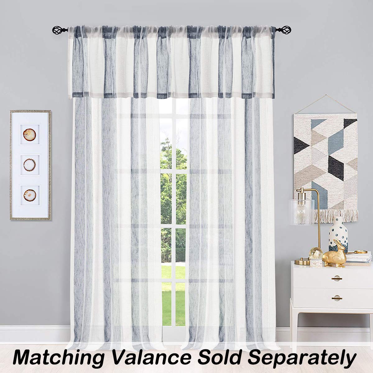 Condition photo showing New/Like New for central park sheer navy blue and white stripe farmhouse curtains boucle linen window curtain panel pairs yarn dyed woven 84 inches long for living room bedroom 2 pack rod pocket rustic living panels