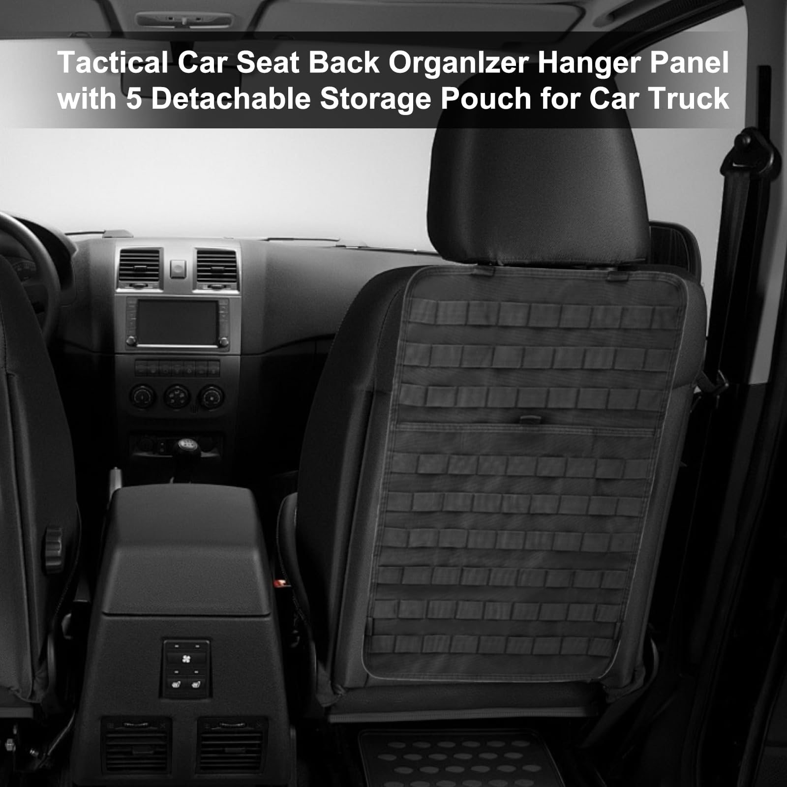 Organizer Tattico per Sedile Auto con 5 Tasche Rimovibili | Nylon 900D, Per Auto e Camion, Cinghie Regolabili, Adattabile a Sedili Anteriori/Posteriori, 45x35x8cm, Nero