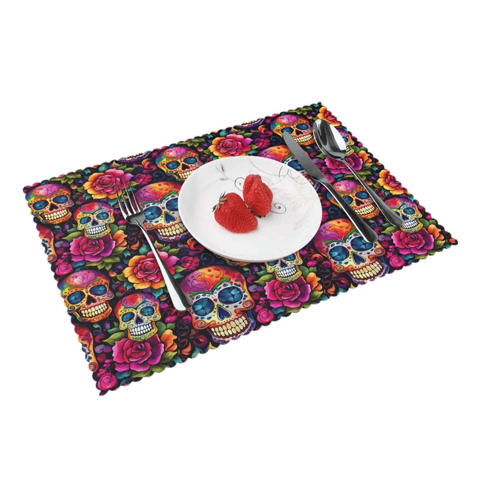 Colorful Sugar Skull Flower Day of The Dead (5) Placemats Set of 4 Print Table Mats Place Mats Table Decor for Kitchen Dining 12X18 in