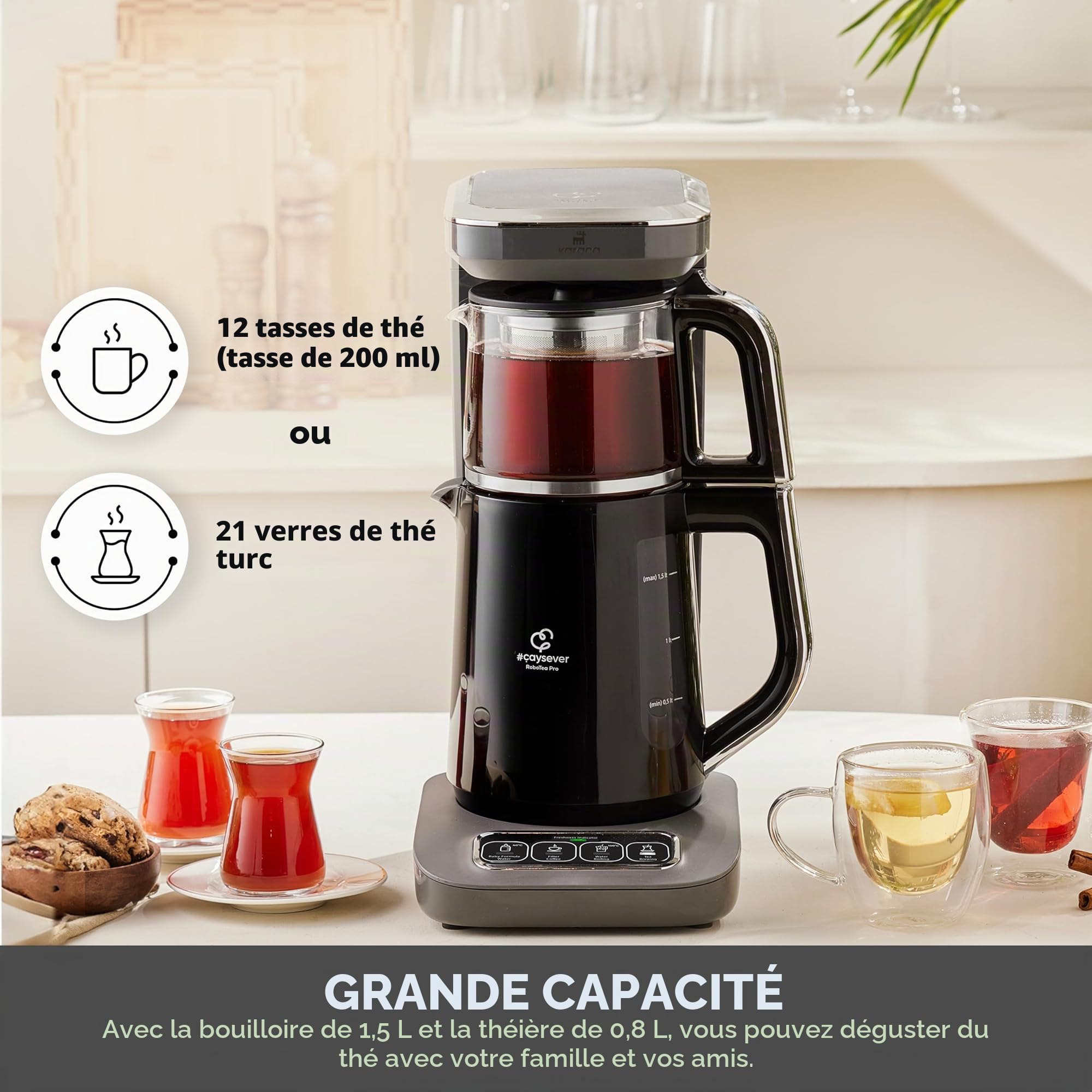 Karaca Caysever Robotea Pro 4-en-1 Theiere Electrique Automatique, Machine à Café Filtré, Bouilloire à Thé, Theiere avec Infuseur, 2500W, Gris Espace