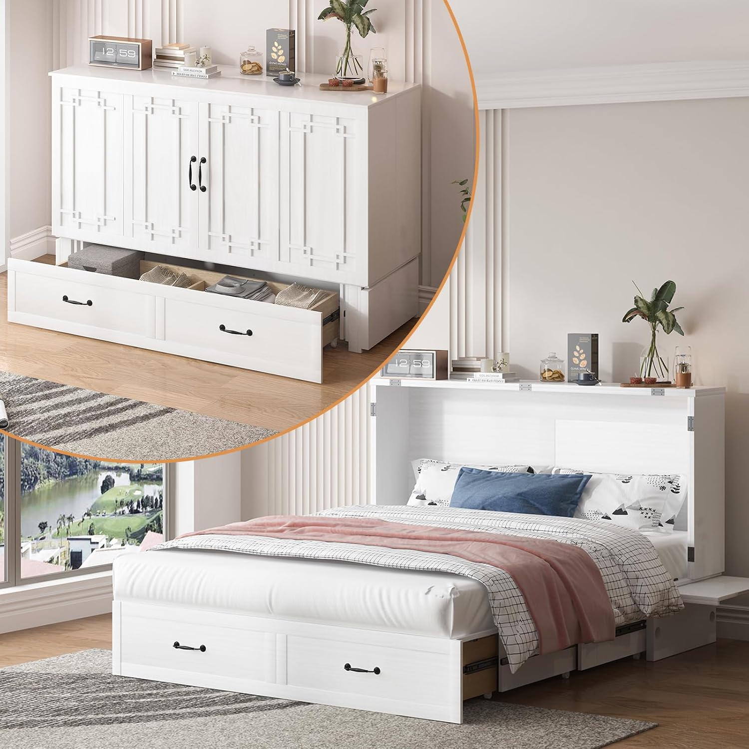 PUREMIND Queen Murphy Bed Cabinet with Mattress Included, Cabinet Beds with 2 Storage Drawers, Murphy Chest Bed with USB Charging Station, Horizontal Murphys Wallbed for Bedroom, Guest Room