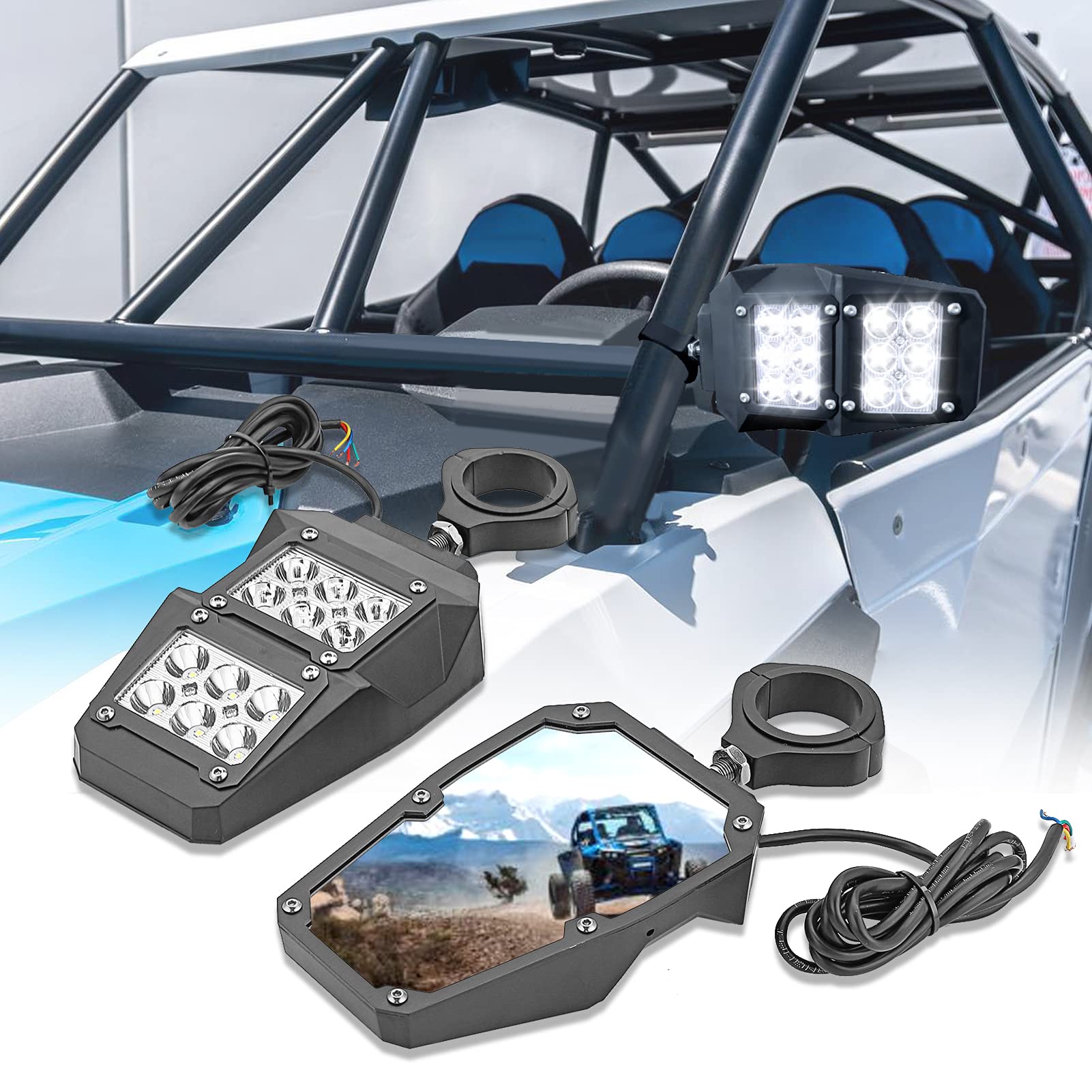 WeiSen Side View Mirror with LED Light Break Away Side Mirror Fits 1.75" - 2" Round Tube Roll Bar Compatible with Polaris RZR Ranger Maverick X3 Talon