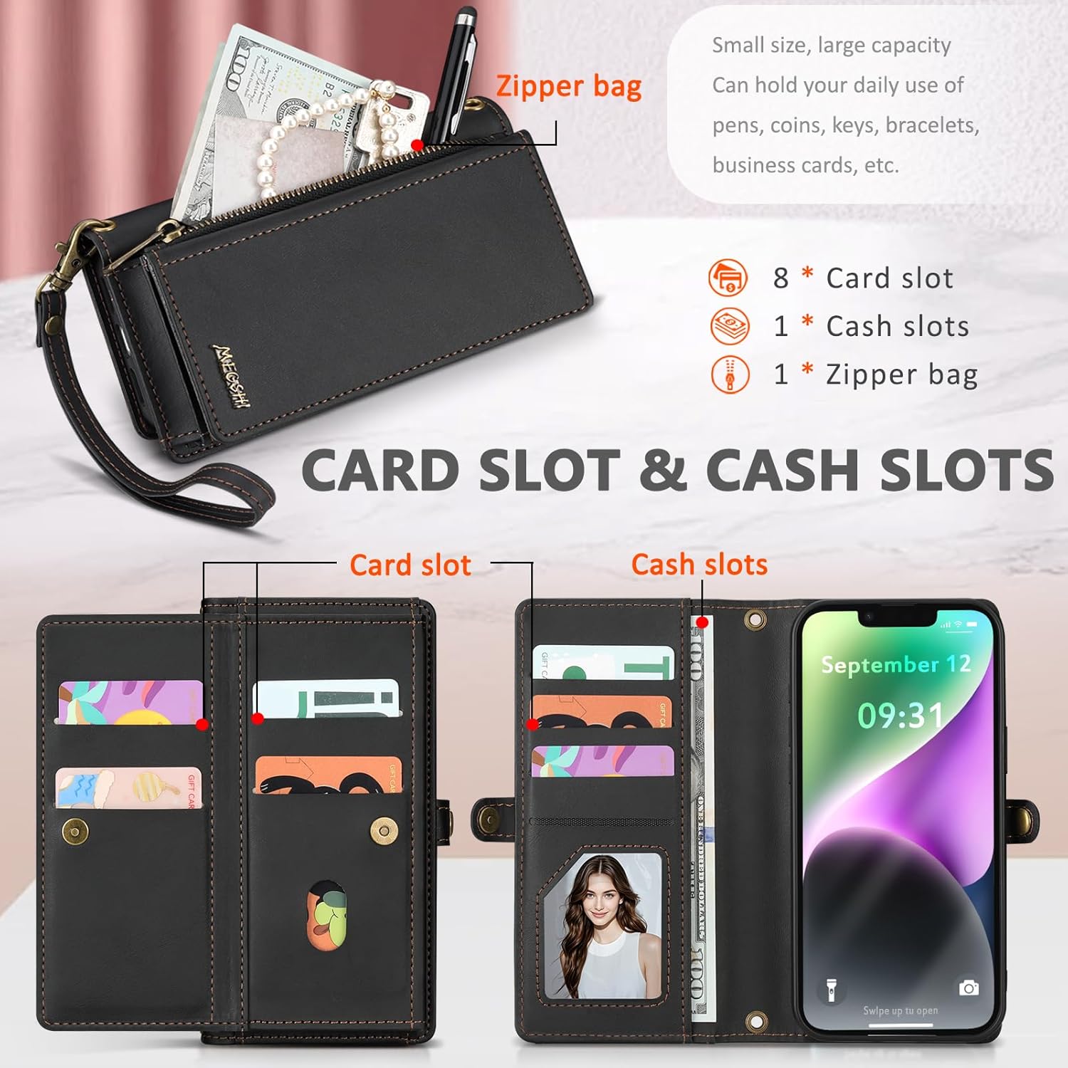 for iPhone 14 Wallet Case, Detachable Magnetic Phone Case,Faux Leather Strap Wallet,with RFID Blocking,Zipper Card Holder,Shoulder Straps (Black)