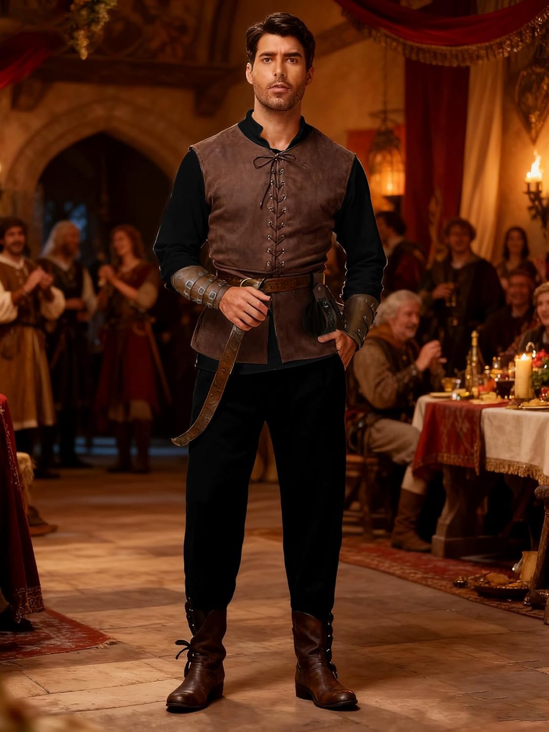 Renaissance Medieval Costume for Men - Pirate Viking Costume 7 Pcs Set, Medieval Cosplay Halloween Outfit - Image 6