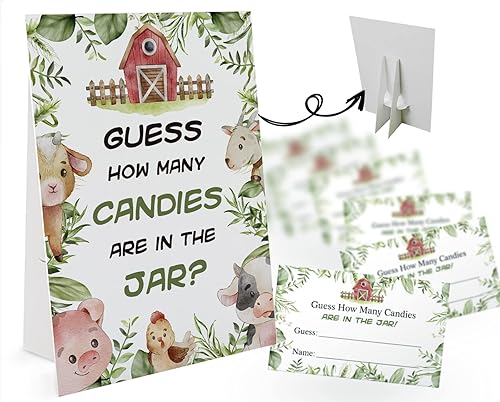 Miniatura 1 de Tarjetas de juego Candy Guessing, 1 letrero de 8 x 11 pulgadas y 50 tarjetas, letrero de juego de animales de granja que adivinan cuántos, para