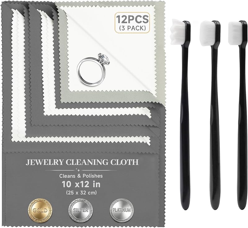 6 PCS Large Silver Polishing Cloth Kit, 3 Pack 10" x 12" Jewelry Cleaner Cloths with 3 Soft Brushes, Tarnish Remover & Scratch-Free Cleaner for Silver, Gold, Diamond, Coins, Watches, Deep Gray & Gray