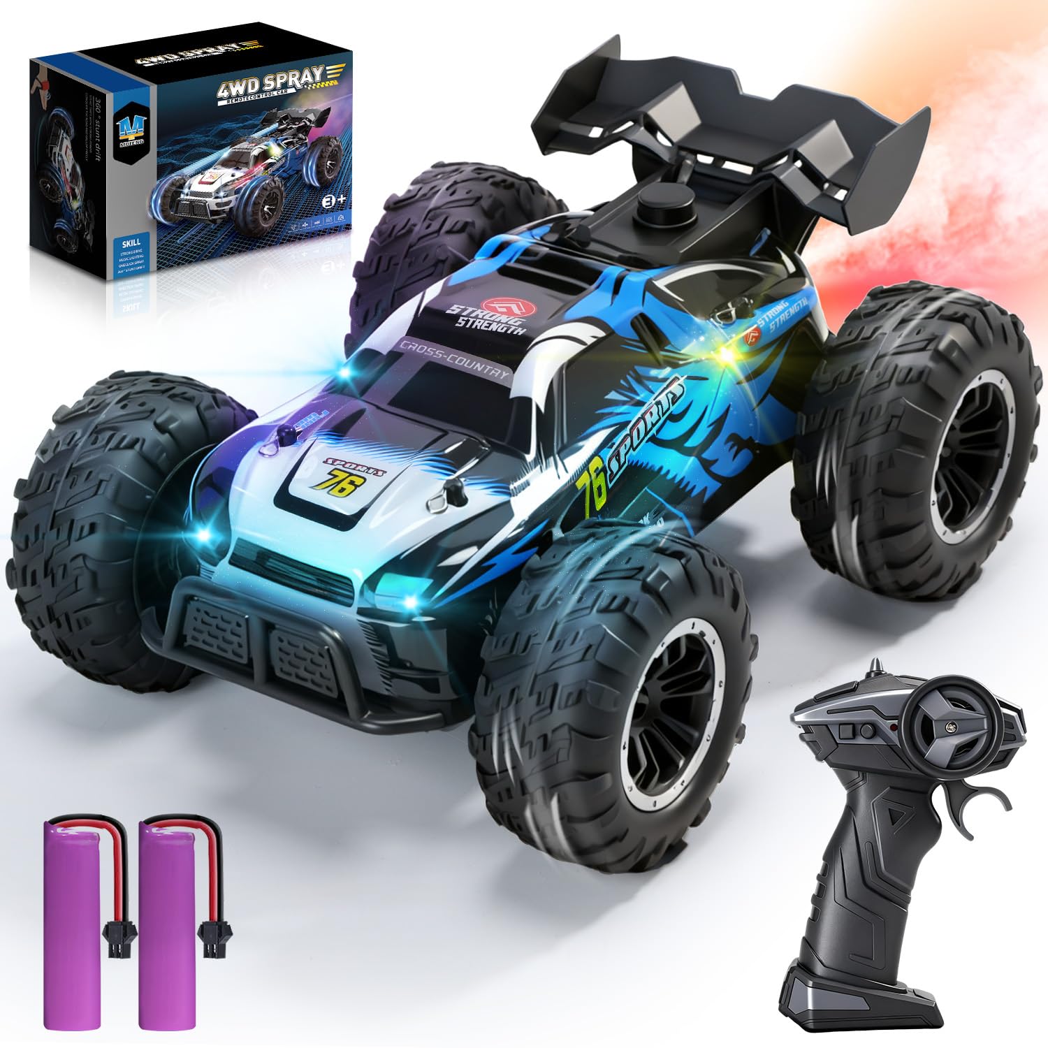 DEERC 1:16 4WD RC Car with LED Lights, Music & Spray, 2.4GHz Off-Road Remote Control Vehicle with Dual Battery 40-Min Playtime, One-Click Demonstration Gift for Kids Boys Ages 5-12