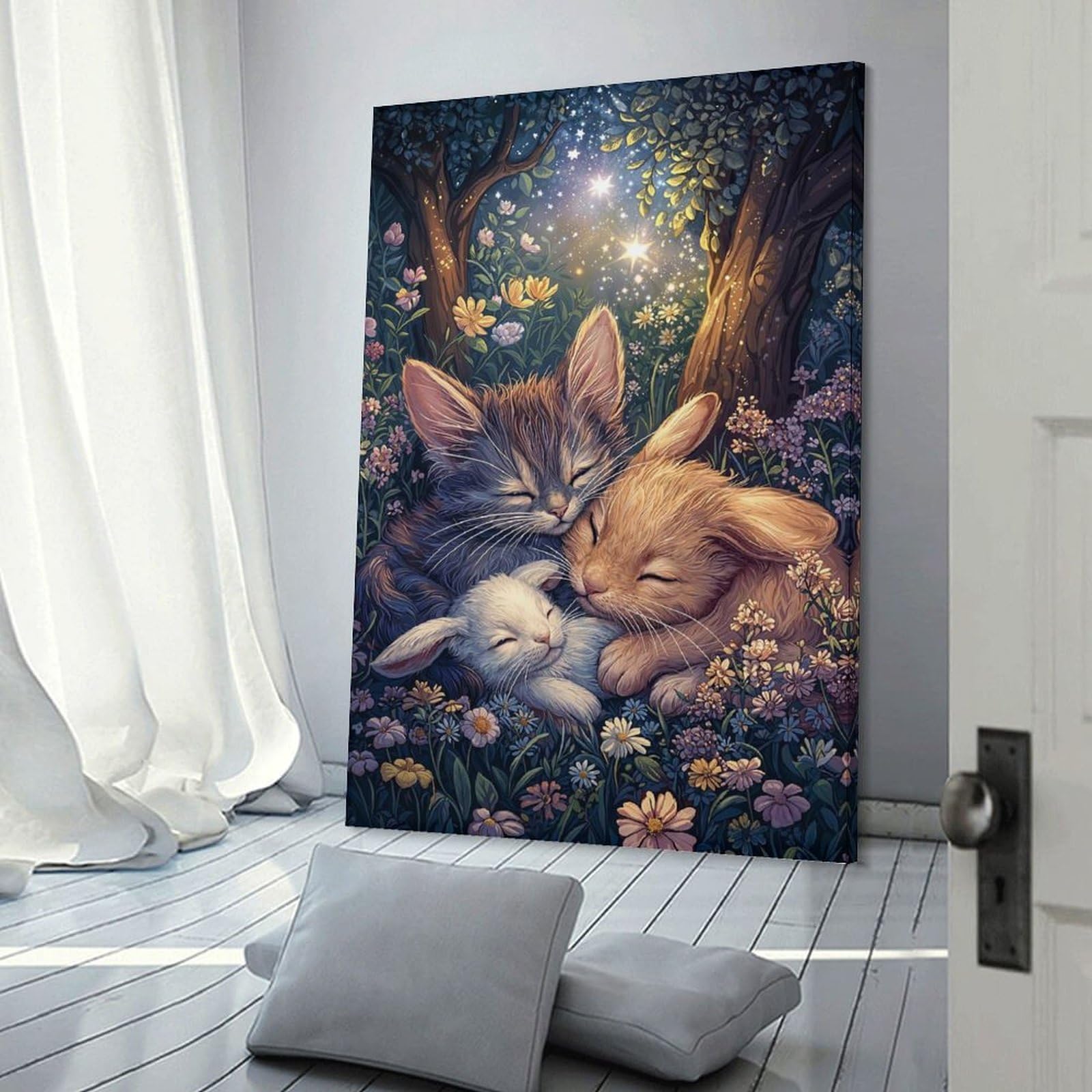 Junmoney Sleeping Kittens And Bunnies Canvas Wall Picture, 24x36inch(60x90cm), for Flats, Guest Rooms Or Compact Rooms, An Easy Choice for New Home Styling