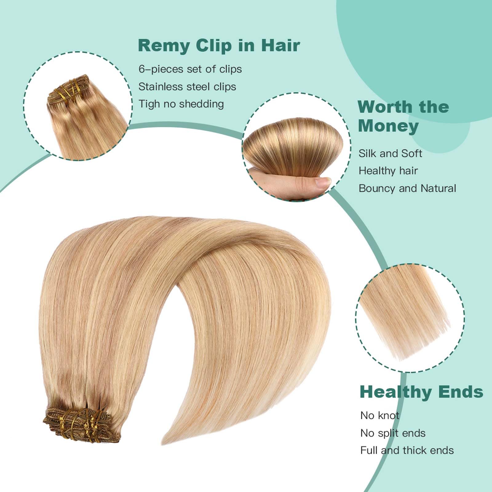 VINBAO Extension Capelli Veri Clip, Biondo Sporco Illuminato Biondo Candido Extension Clip Capelli Veri, 55cm Umani Clip Capelli Estensione Con Clip Capelli Veri 120g 6pcs (#C18P613, 22'')