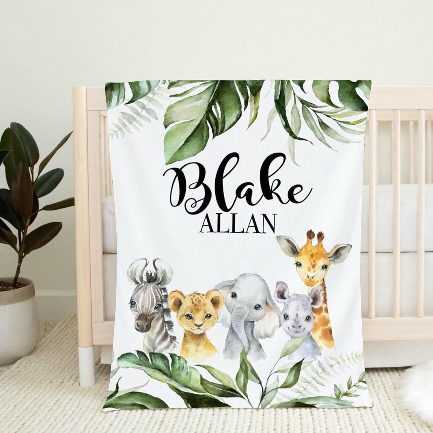 Personalized Safari Animal Baby Blanket with Name, Custom