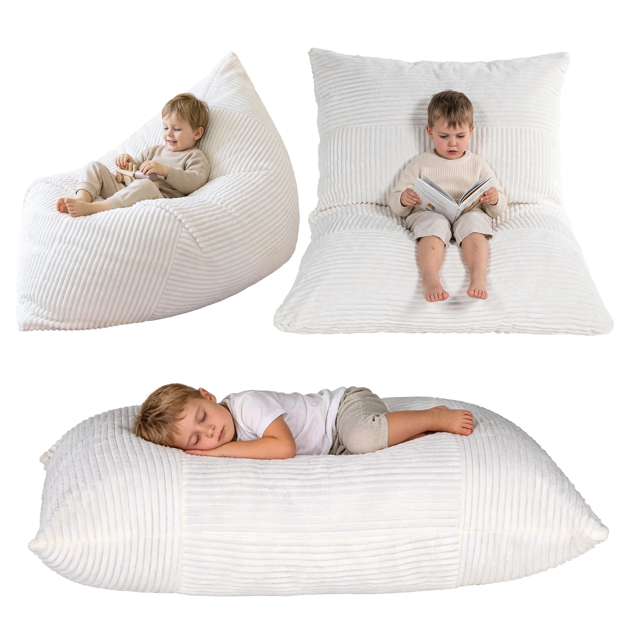 BRINJOY 3 in 1 Kids Bean Bag Chair Bed, Bed Bean Bag Sofa (white)