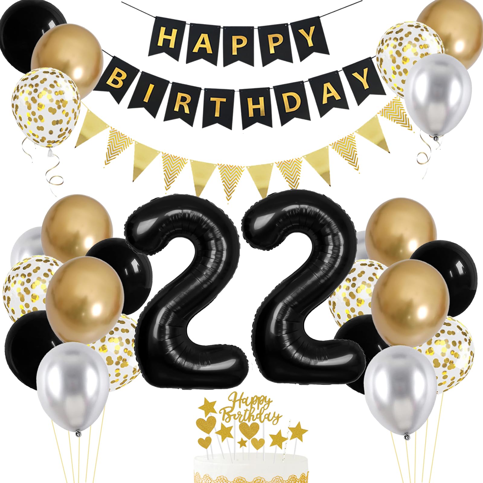 22. Geburtstag Dekorationen für Sie und Ihn - Luftballons Mit Zahl 22 Folienballon, Schwarz Gold Silber, Happy Birthday Banner, Kuchen Topper für Party