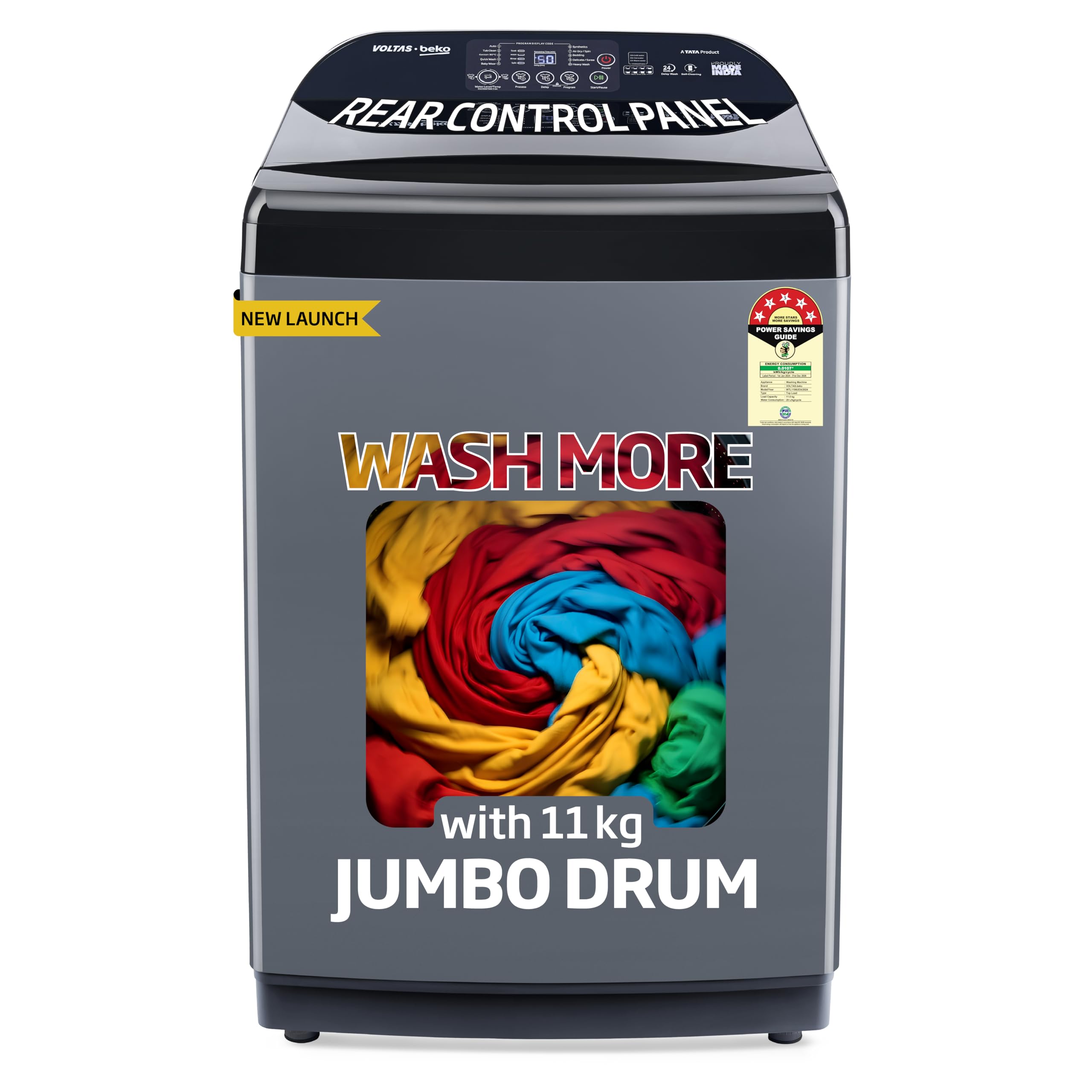 Voltas Beko, A Tata Product 11 Kg 5 Star Fully-Automatic Top Loading Washing Machine (WTL1106UEA / OBS1060, Grey, Double Waterfall Technology)