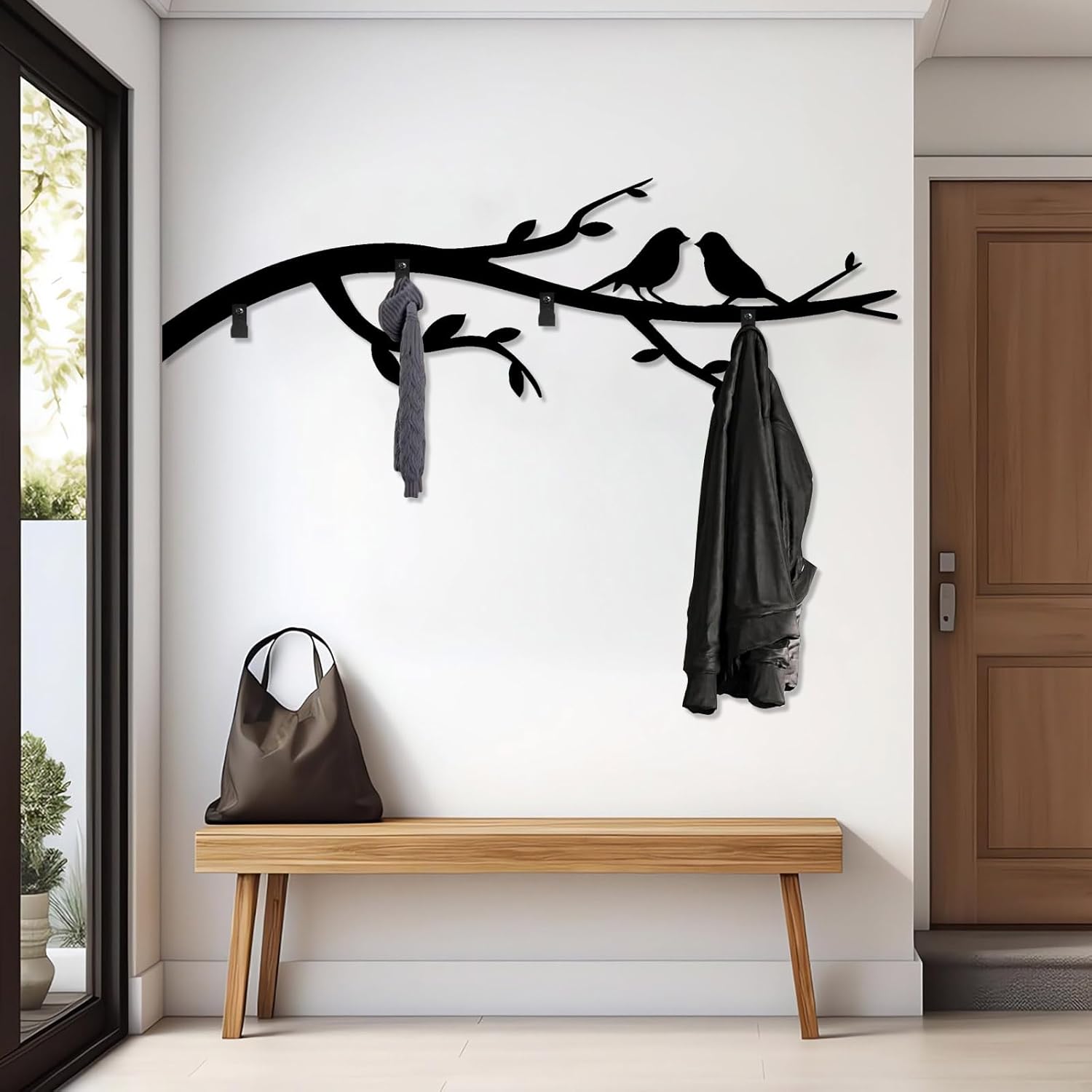Birds on Branch Coat Rack Wall Mount, Metal Branch Clothes Hooks for Wall, Metal Birds Art Decor, Tree Key Holder Wall Mount, Nature Wall Hanging (Black, 13"x41"|33x105cm)
