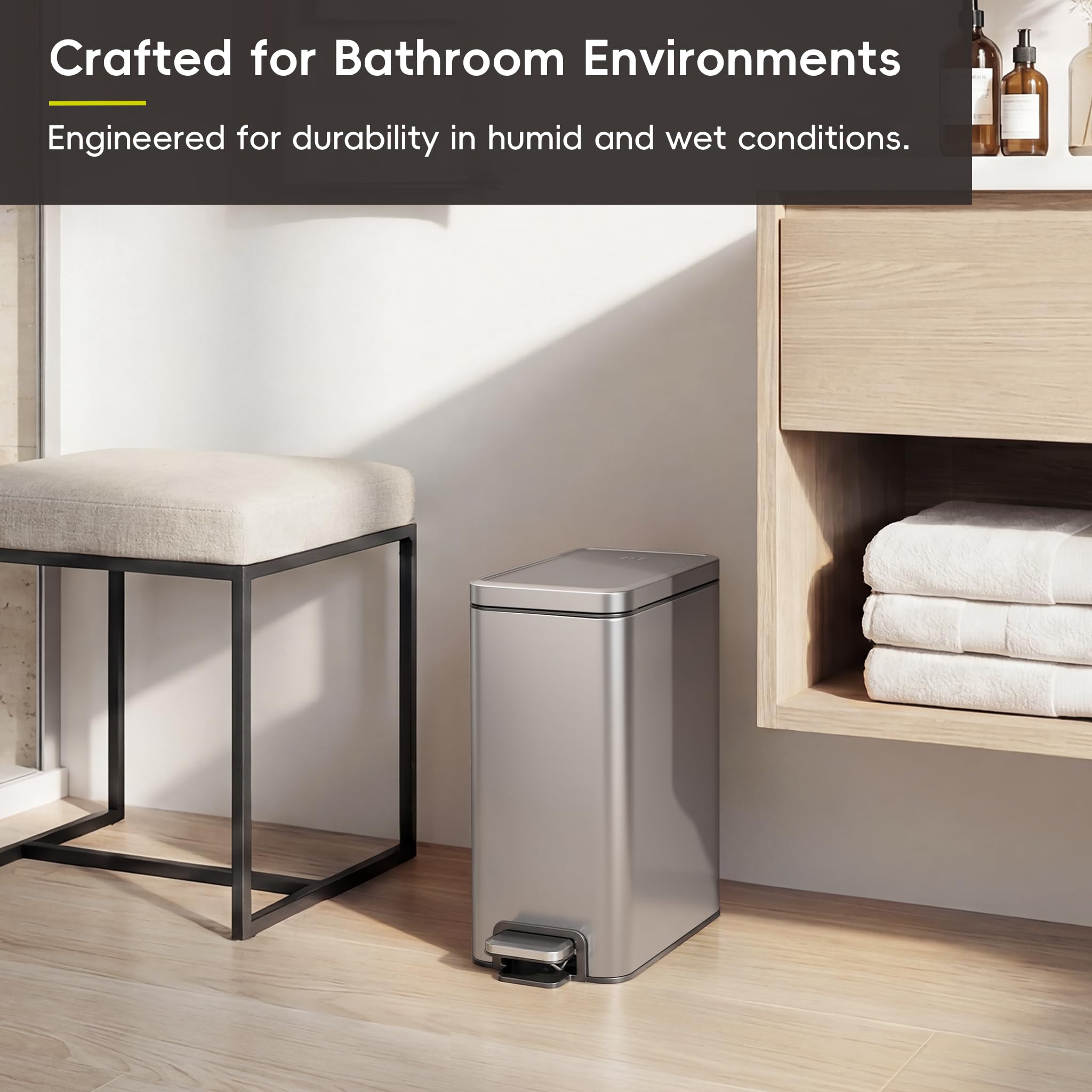 EKO - Cubo de basura de baño de acero inoxidable con tapa de cierre suave, pedal interior extraíble y acabado antihuellas, 10 L, color plateado
