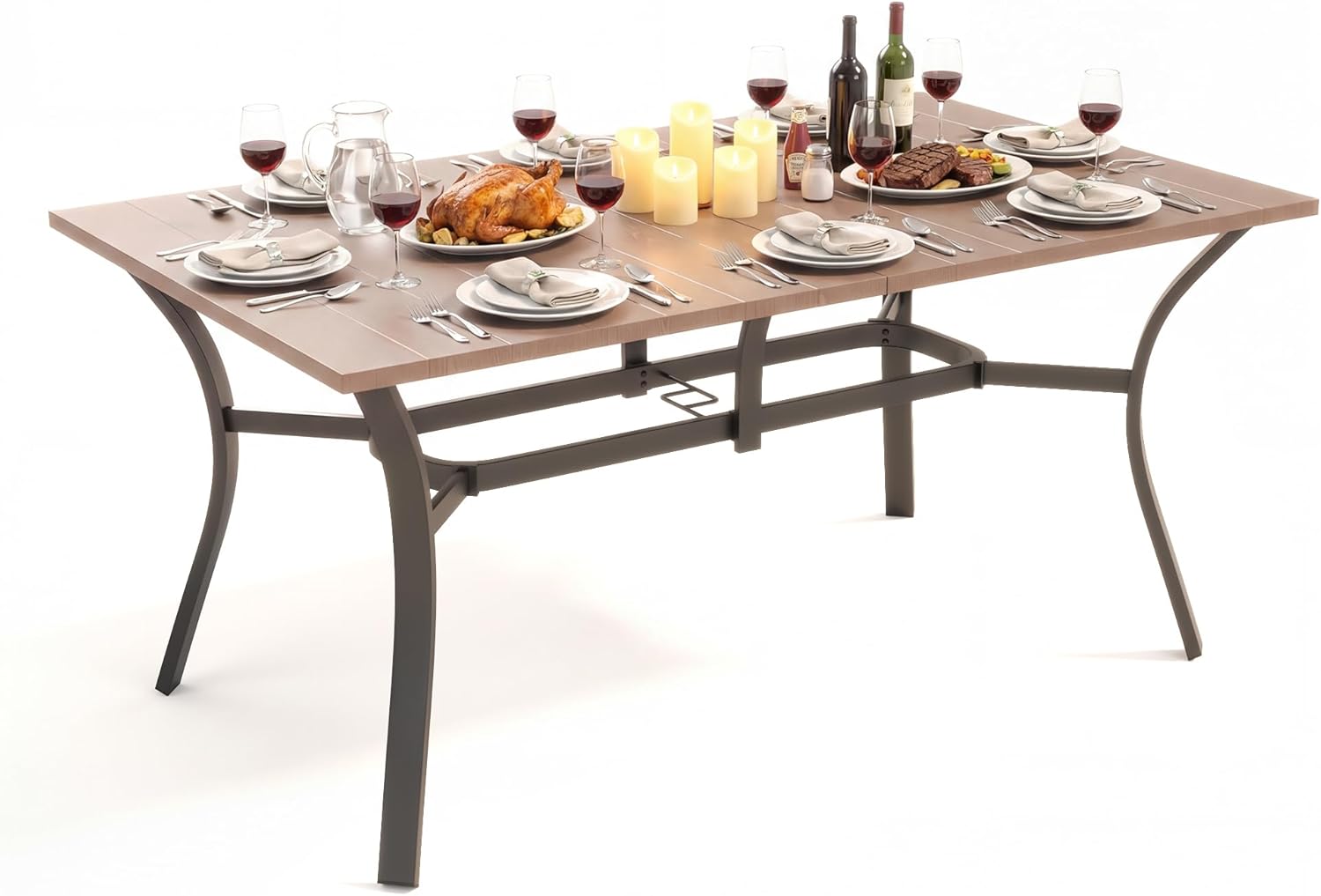 Patio Outdoor Dining Table, Wood-Grain Patio Table with Umbrella Hole, All-Weather Metal Dining Table for Party, Lawn & Garden (63“ x 37.8”)