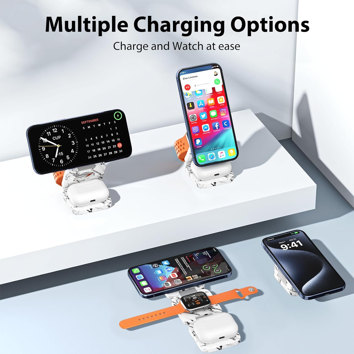 KU XIU X55 Nature Series Fast Magnetic Wireless Charger, Foldable 3 in 1 Charging Station for Apple, Mag-Safe Travel Charger Stand for iPhone 17 16 15 14 13 Series, Apple Watch & AirPods-Marble White