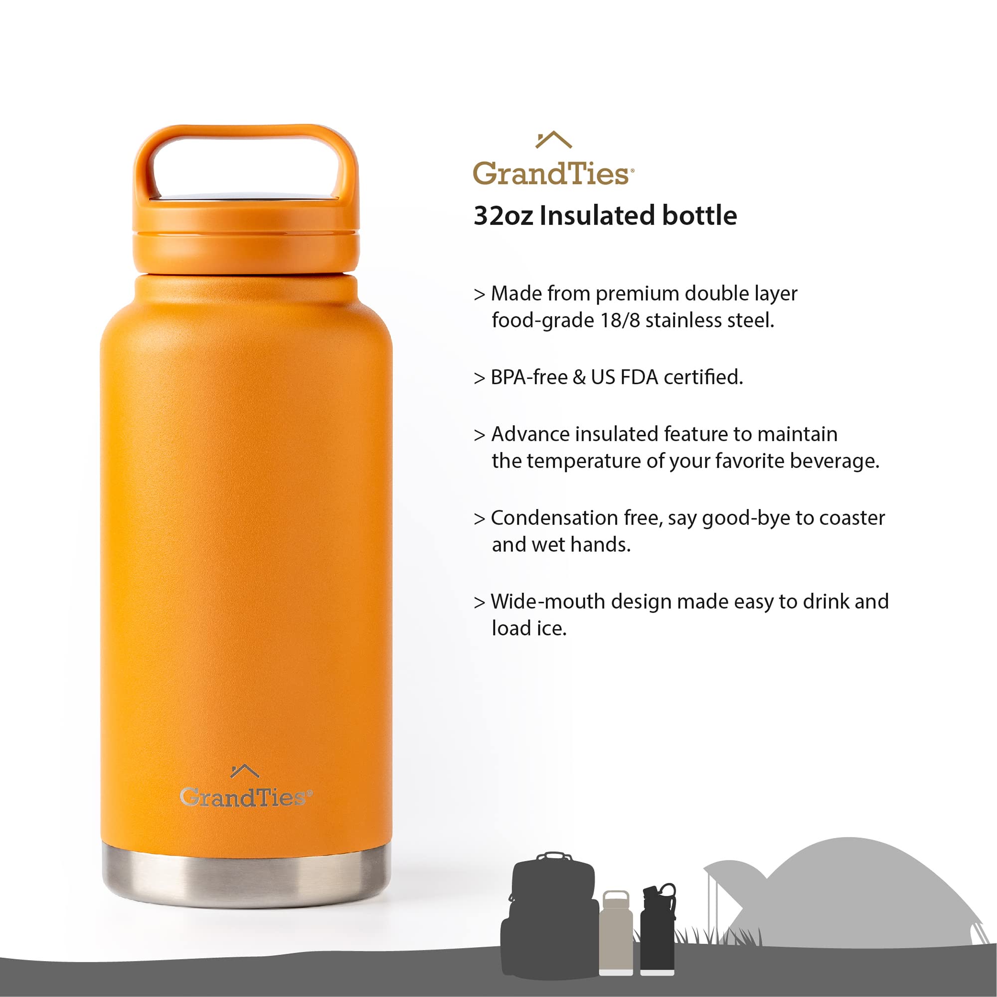 GrandTies 2 Lids Sports Stainless Steel Water Bottle, 946 ml, Reusable Wide Mouth Vacuum Insulated Water Bottles - Image 2