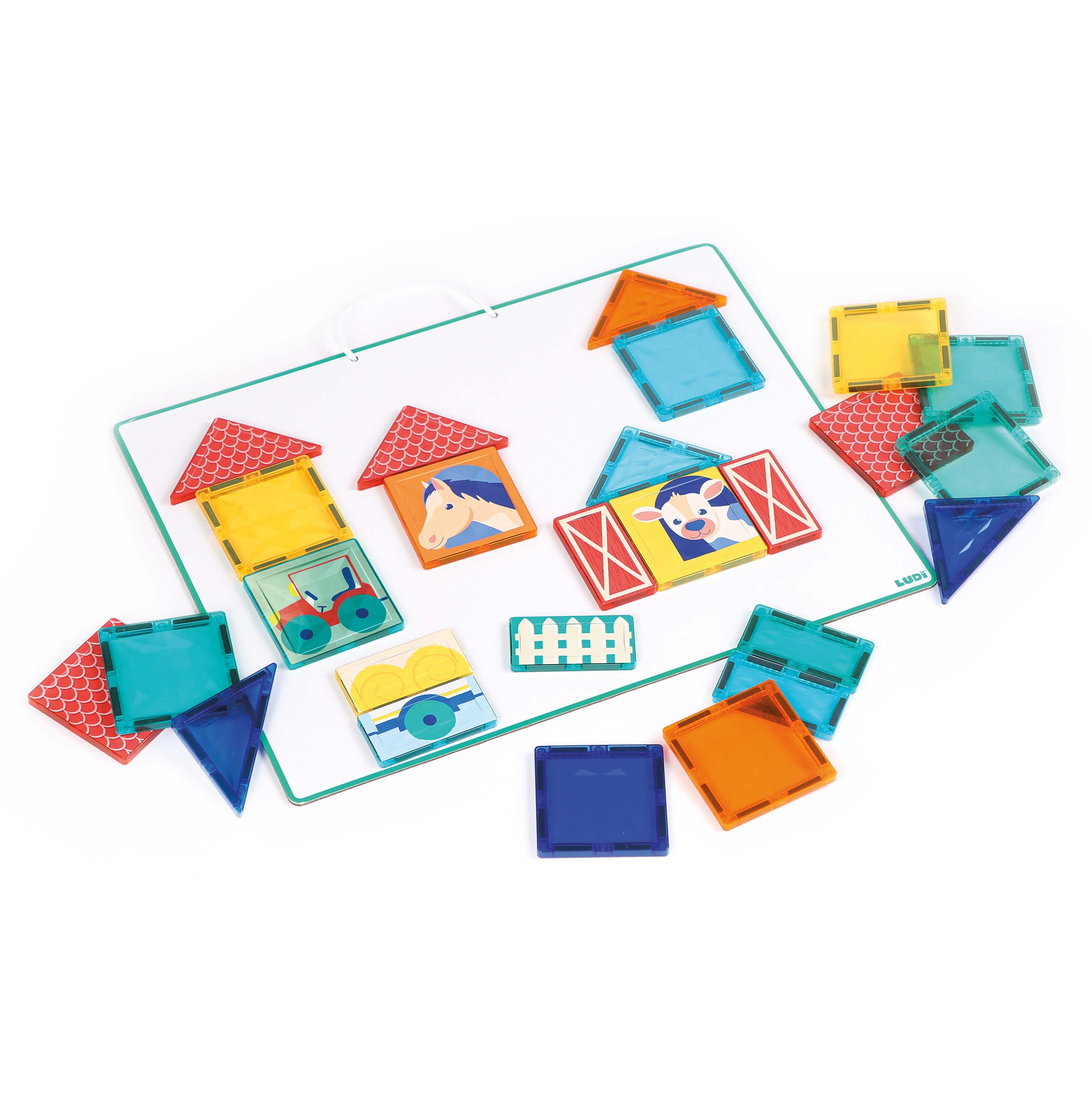LUDI Panneau Magnétique – Jeu De Construction 27 Pièces Aimantées – 2D Et 3D – Dès 2 Ans – Motricité Et Créativité