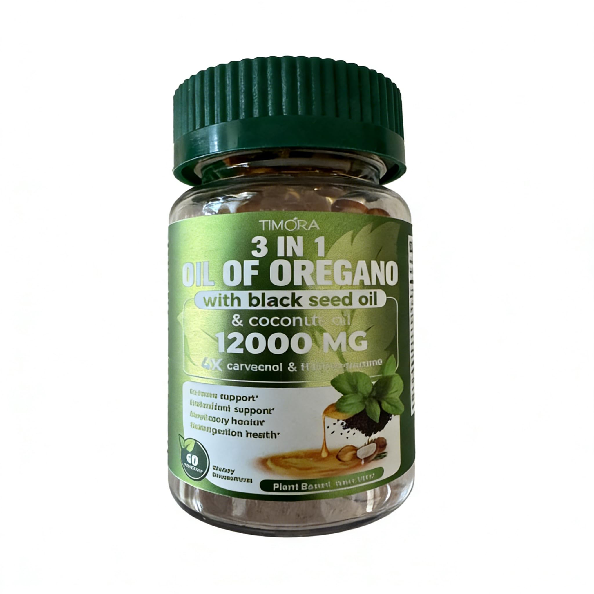 TIMORA 40:1 Oil of Oregano Softgels with Black Seed & Coconut Oil, 60 Count | 3-in-1 Formula for Digestive & Immune Support | Small, Easy-to-Swallow Capsules | Plant-Based, Non-GMO