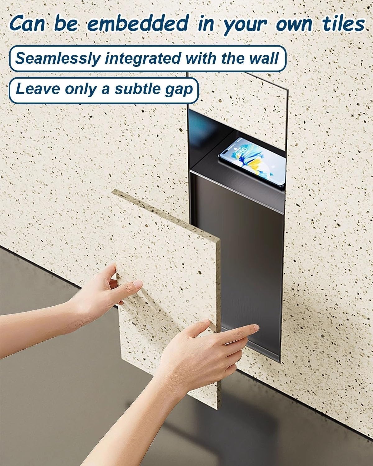 Soporte empotrado para papel higiénico con armario oculto y cubo de basura, diseño moderno para almacenamiento de baño y cocina