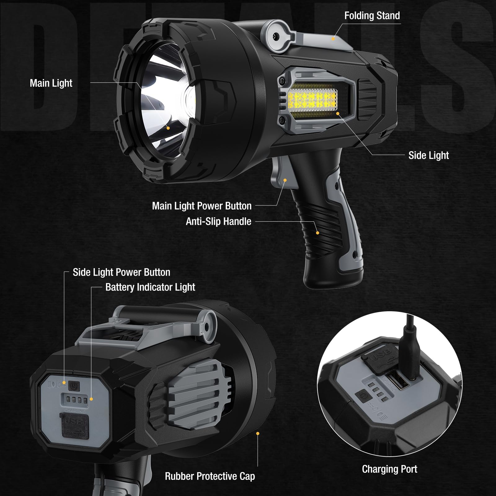 Faretto ricaricabile, 99000 lumen, super luminoso, torcia LED portatile con lenti a 3 colori e supporto pieghevole, 10000 Ah di lunga durata, impermeabile, per nautica all'aperto