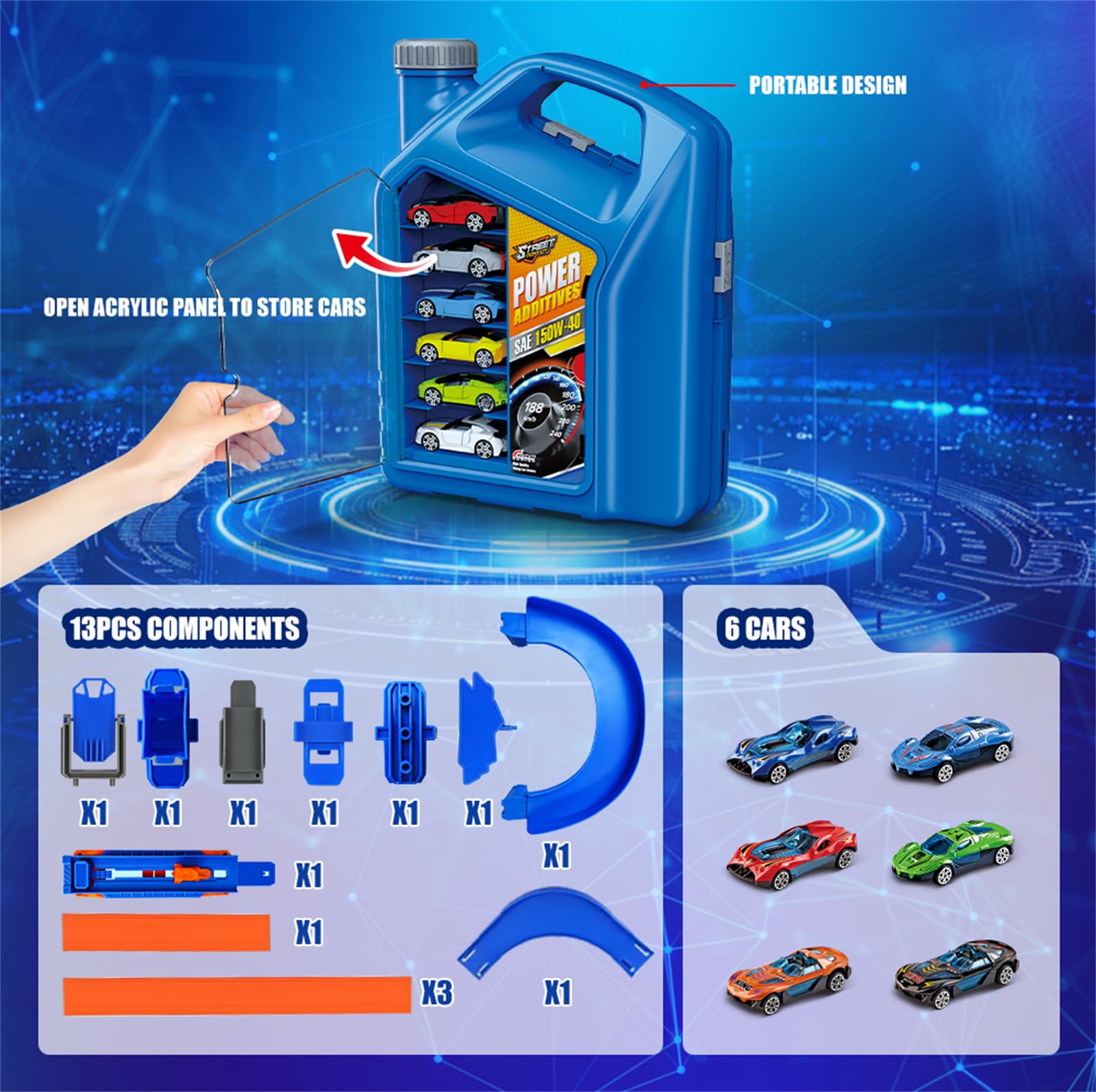 VATOS Rennauto Spielzeug Kraftstofftank Rennstrecke für Kinder, 2-in-1 Modus Autorennbahn mit 6 Spielzeugautos, Aufbewahrungs-Stuntbox Strecke Spielzeug Geschenk für Jungen ab 3 4 5 6 Jahren