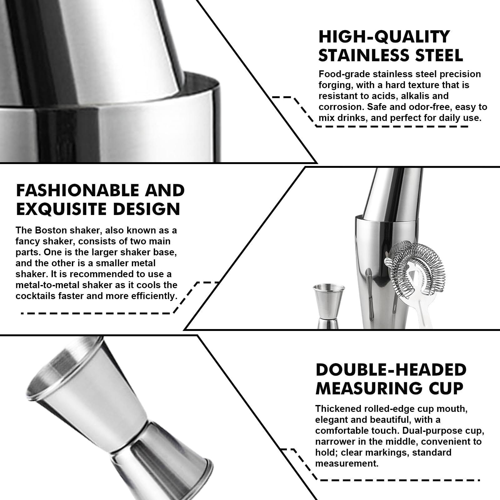 Boston - Set shaker da cocktail da 600 ml e 450 ml, in acciaio inox, con colino e misurino, in metallo, accessori da bar di alta qualità, shaker professionale Boston per Bartending