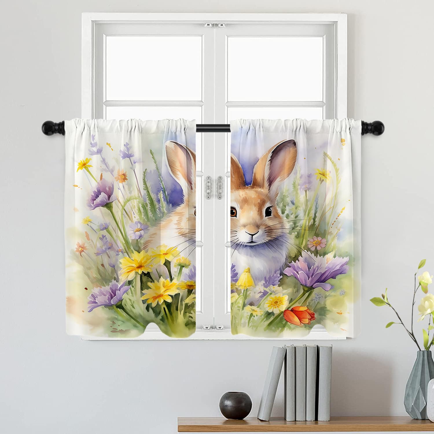 Batmerry A Rabbit Among Flowers Tier Curtains, Beautiful Watercolor Art Window Treatment Short Kitchen Curtain Multilayer Polyester Blackout for Living Room/Bathroom, 2 Pack 36x26 inches