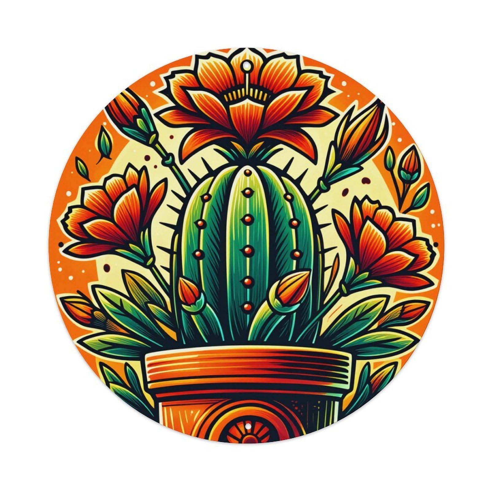 Cactus Flower Pot Art Design Round Tin Sign Retro Metal Sign for Cafe Bar Pub Home Game Room Gym Club Wall Decoration Vintage Metal Poster 8x8 Inch