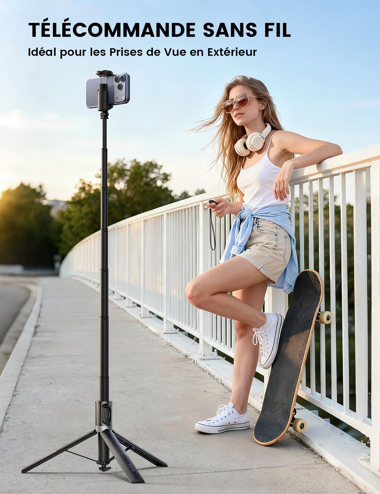 Lamicall Trepied Smartphone, Perche à Selfie - [Ouverture Automatique] 165cm Trépied Portable Extensible avec Télécommande sans Fil & Griffe Froide, Aluminium, 360° Rotation, pour iPhone/Samsung