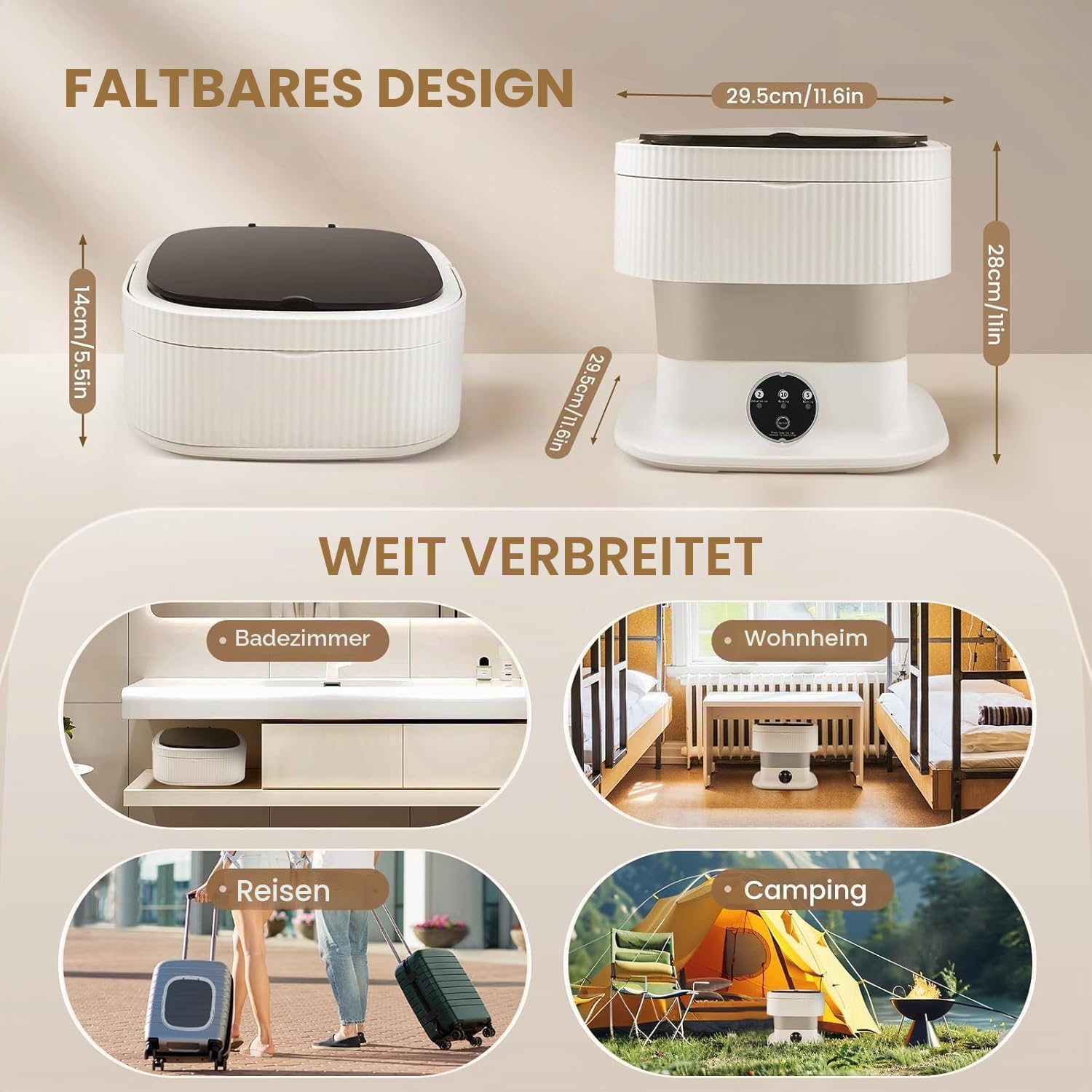 Mini Waschmaschine, 11L Faltbar Waschmaschine mit Schleuderfunktion, Tragbare Reisewaschmaschine, Camping Mobile Waschmaschine für Reisen, Wohnmobil, Studenten (Khaki)