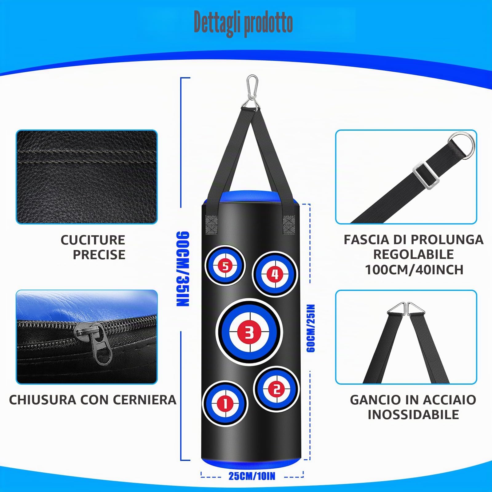 Sacco da boxe riempito bambini, set di sacchi da boxe da 2 piedi con guantoni, catene e ganci di fissaggio, sacco pesante in microfibra per l'allenamento di kickboxing, fitness e bambini